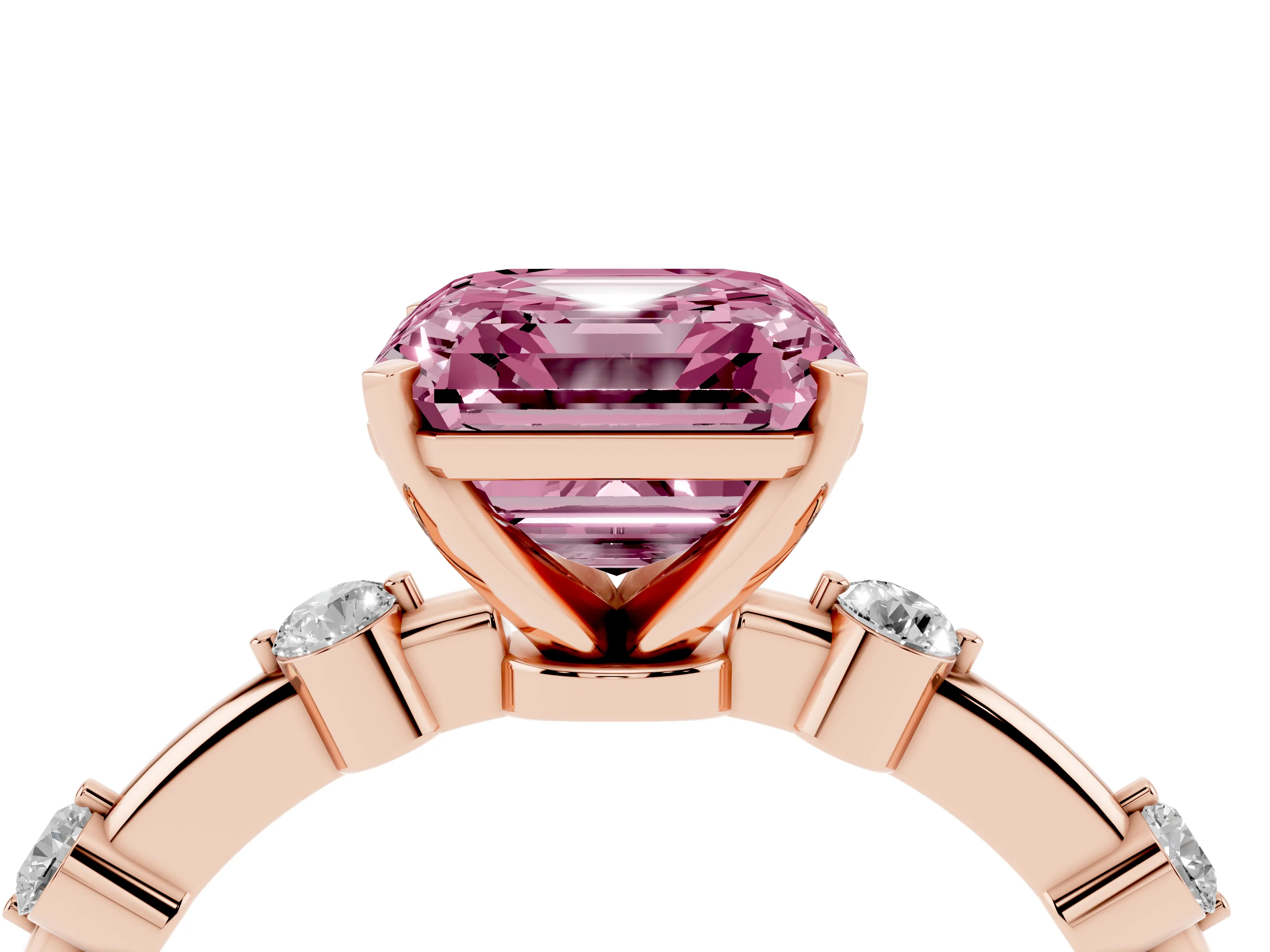 Fancy Pink Asscher Cut Diamond Solitaire Ring Set in Rose gold with Bezel Set Side Stones and Prong Setting