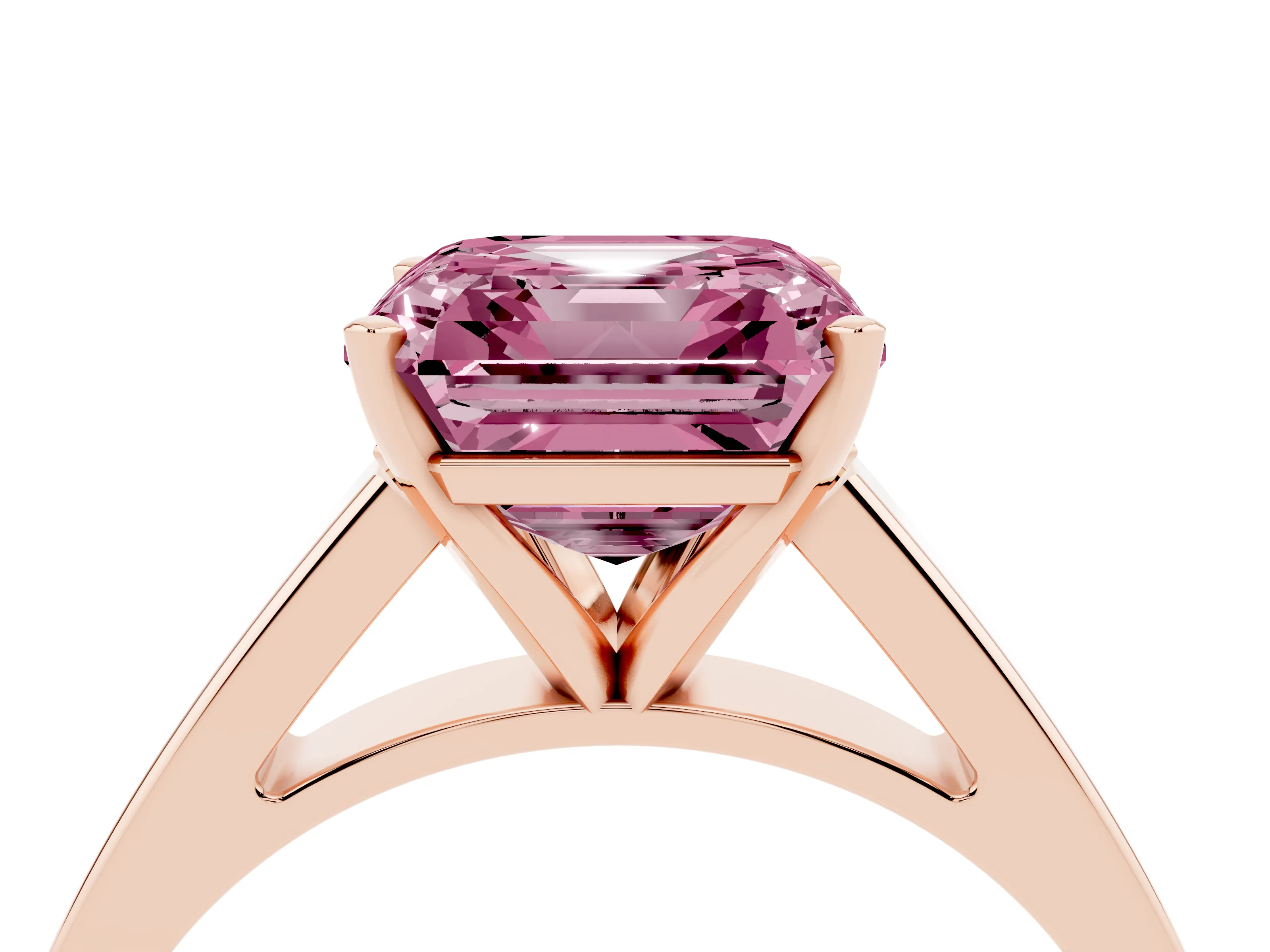 Fancy Pink Asscher Cut Diamond Solitaire Engagement Ring Set in Rose gold with Prong Setting and Tapered Band