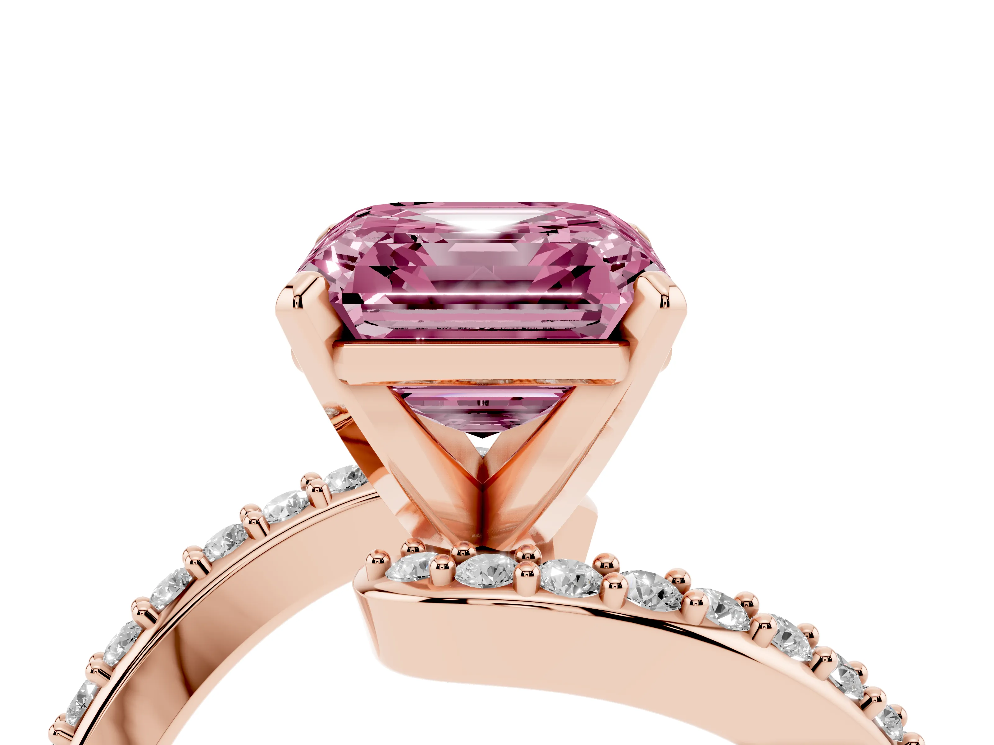Fancy Pink Asscher Cut Diamond Solitaire Ring Set in Rose gold with Pavé Twist Band and Prong Setting