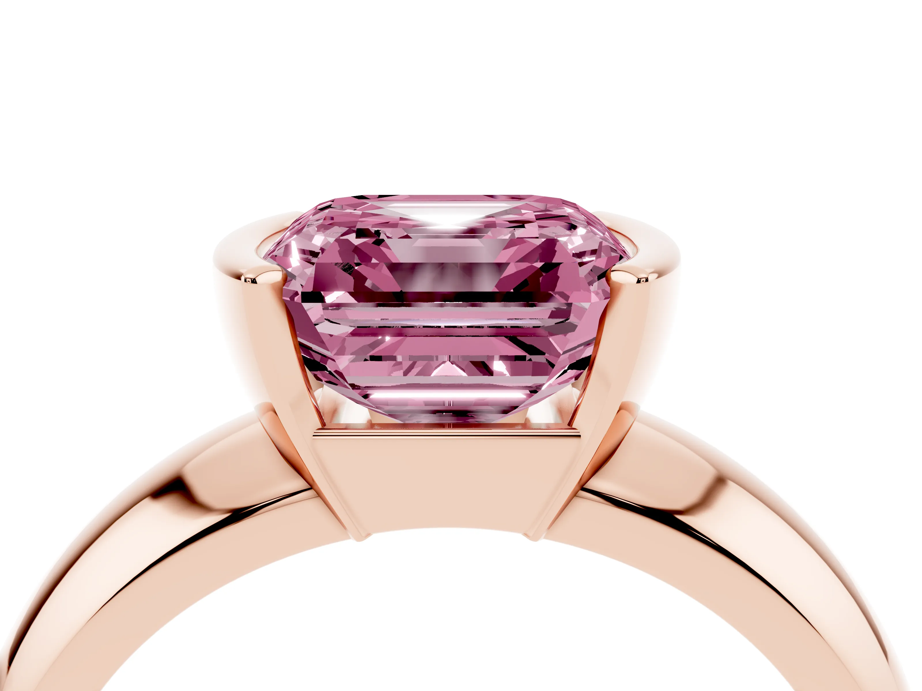 Fancy Pink Asscher Cut Diamond Solitaire Tension Set Ring Set in Rose gold with Wide Band