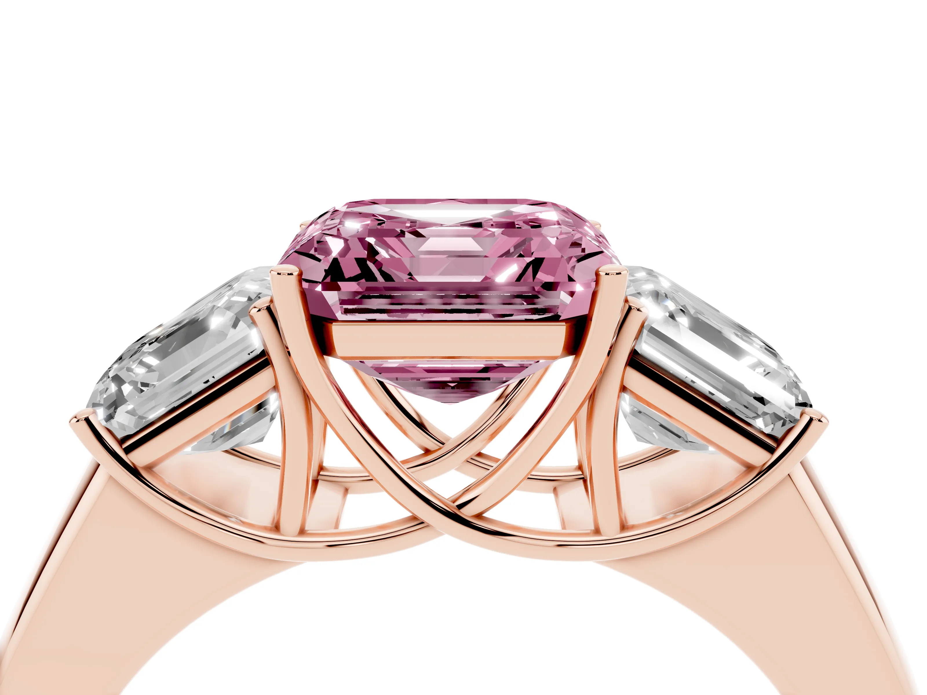 Fancy Pink Three-Stone Asscher Cut Diamond Ring Set in Rose gold with Matching Prong Settings and Plain Band