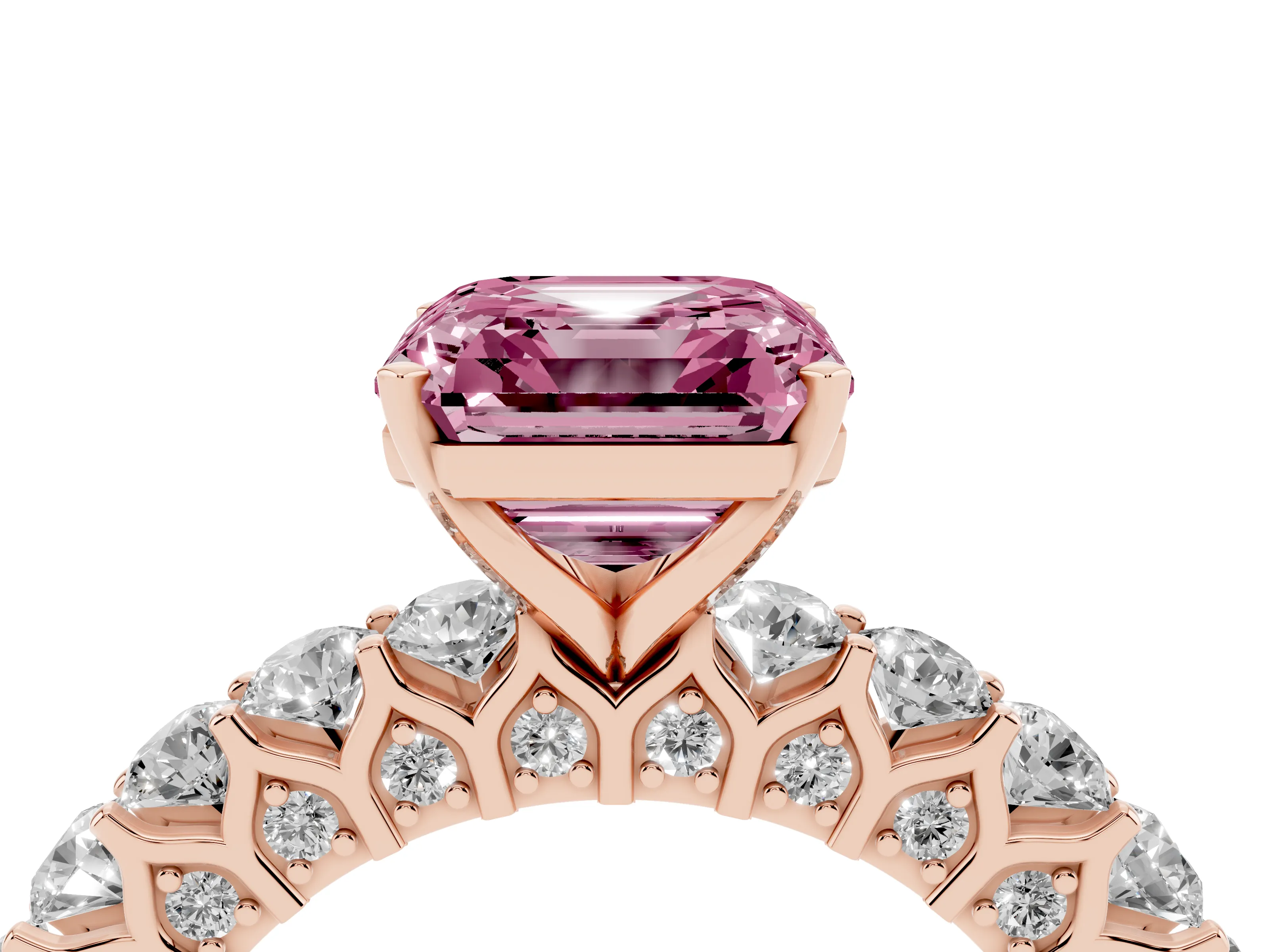Fancy Pink Asscher Cut Diamond Solitaire Ring Set in Rose gold with Shared Prong Pavé Band