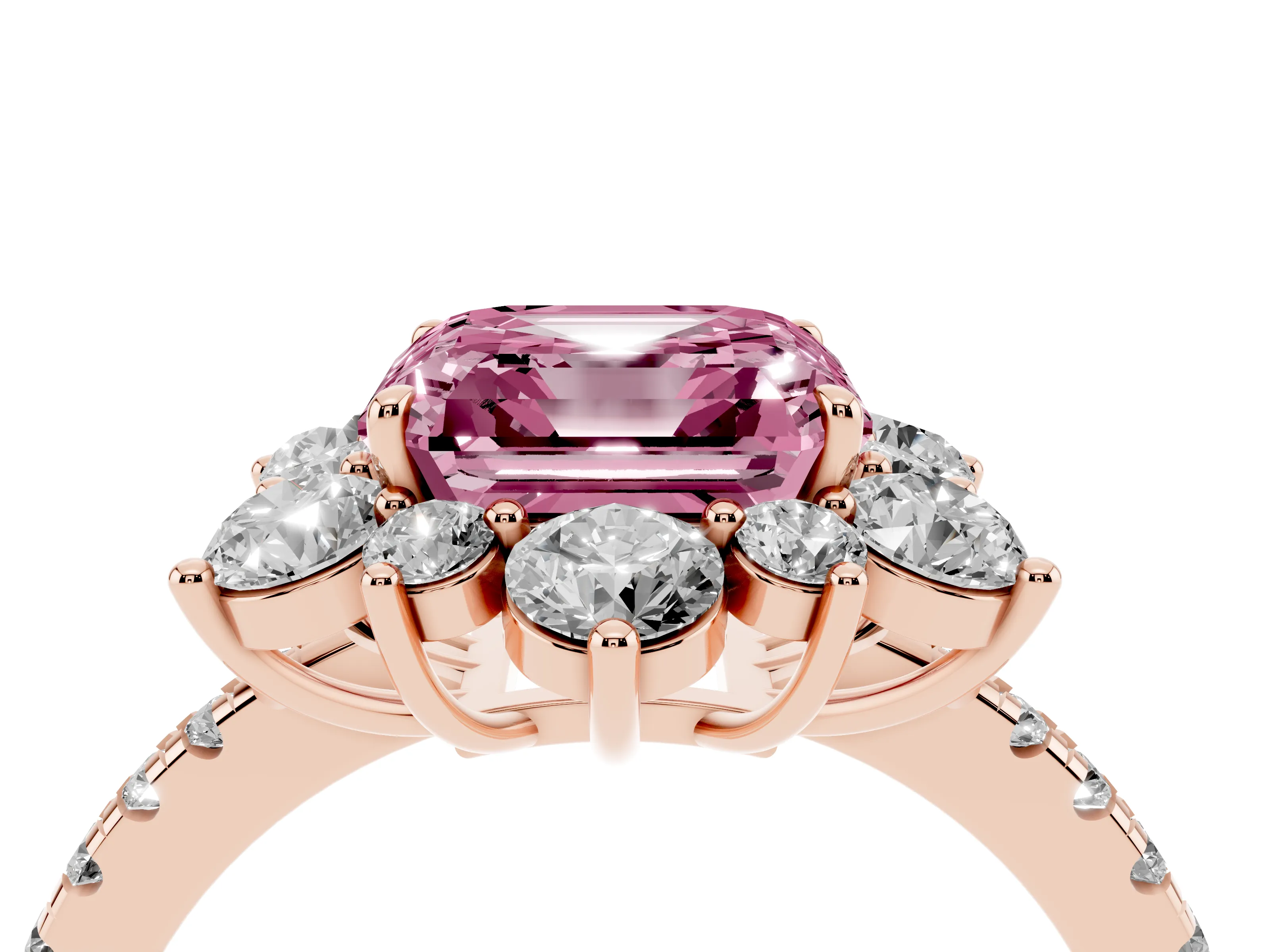 Fancy Pink Asscher Cut Diamond Floral Halo Ring Set in Rose gold with Round Pavé Band and Prong Setting