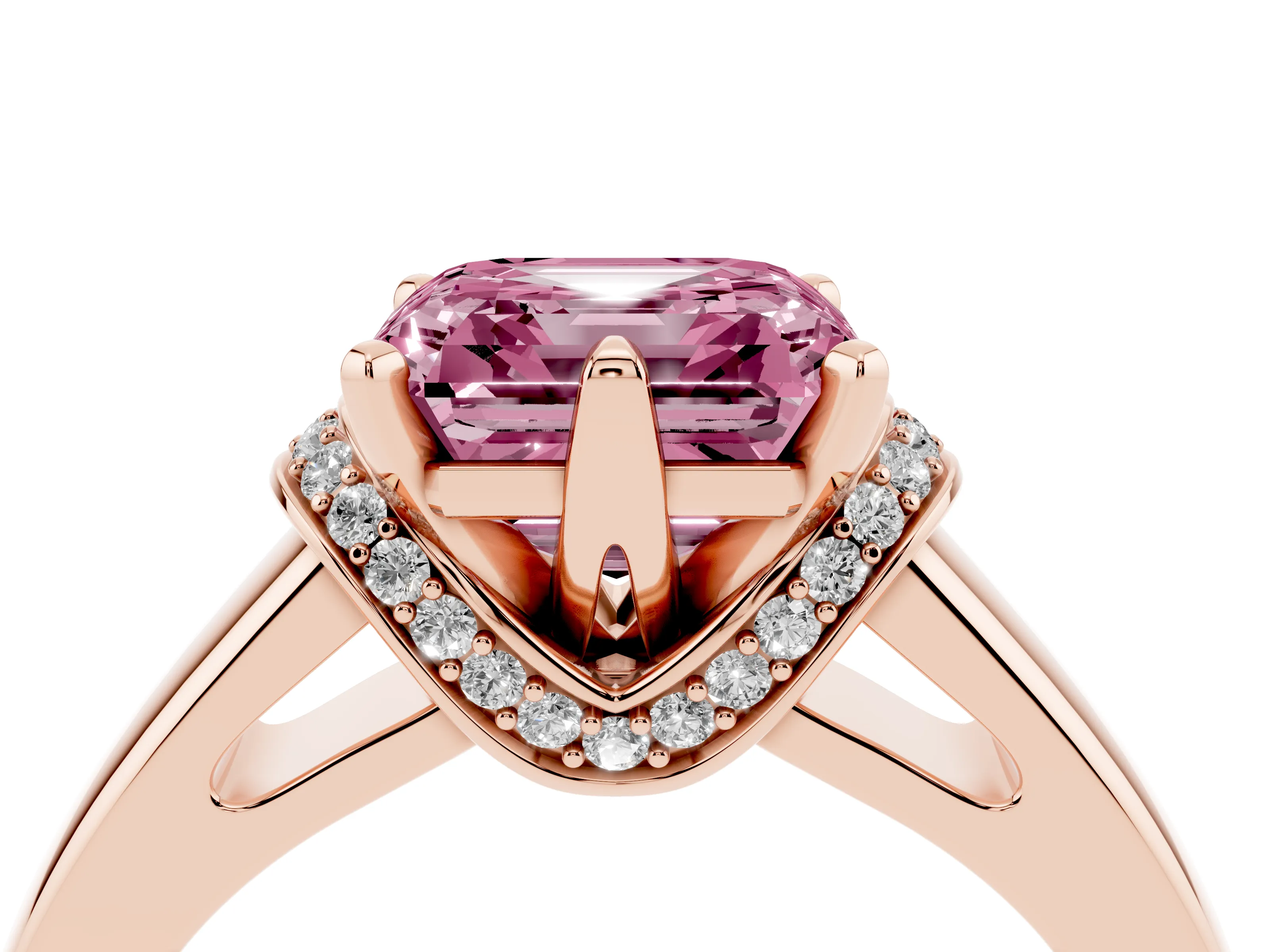 Fancy Pink Asscher Cut Diamond Pavé Band Solitaire Ring Set in Rose gold with Prong Setting