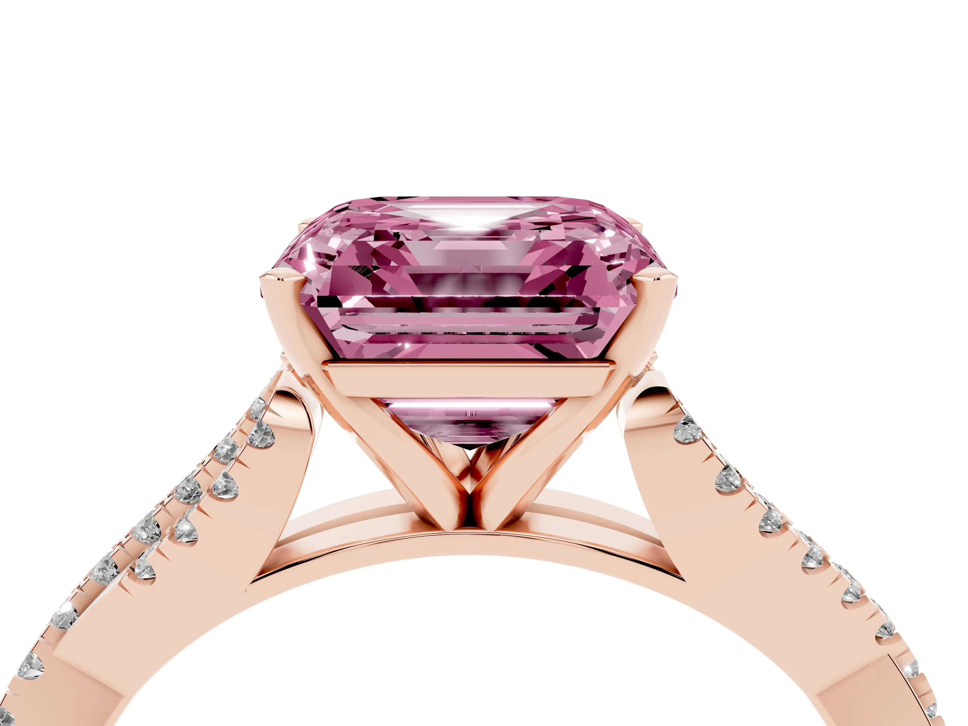 Fancy Pink Asscher Cut Diamond Solitaire Engagement Ring Set in Rose gold with Twisted Pavé Band and Prong Setting