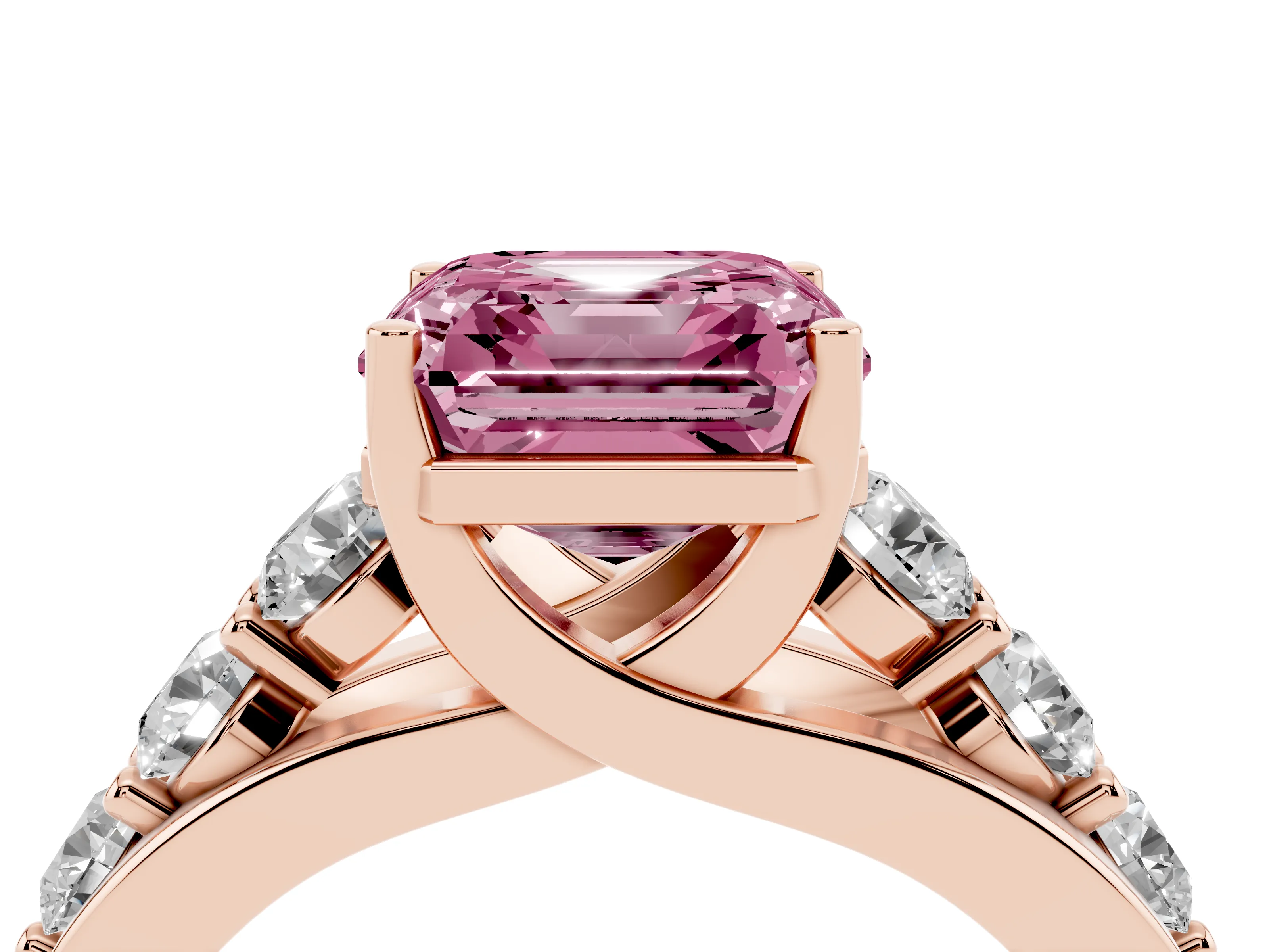 Fancy Pink Asscher Cut Diamond Pavé Engagement Ring Set in Rose gold with Prong Setting