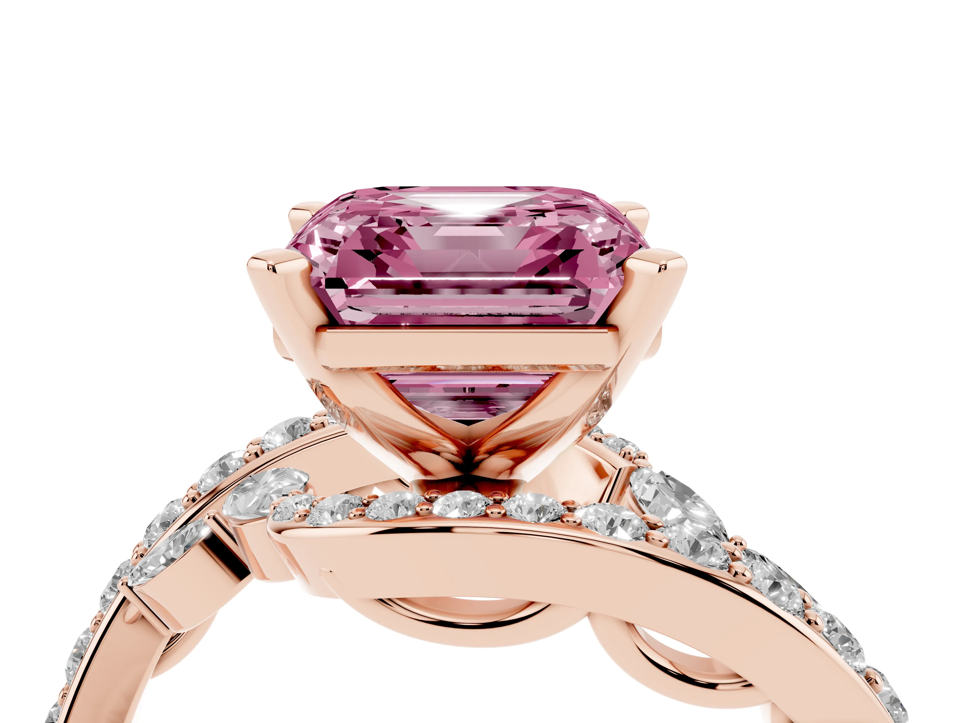 Fancy Pink Asscher Cut Diamond Solitaire Ring Set in Rose gold with Pavé Twist Band and Secure Prong Setting