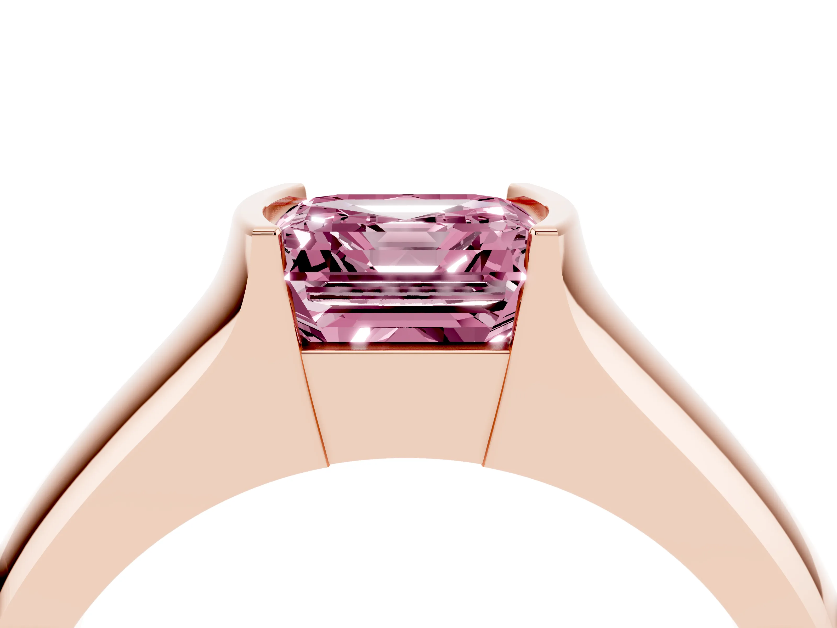 Fancy Pink Asscher Cut Diamond Bezel Solitaire Ring Set in Rose gold with Wide Band