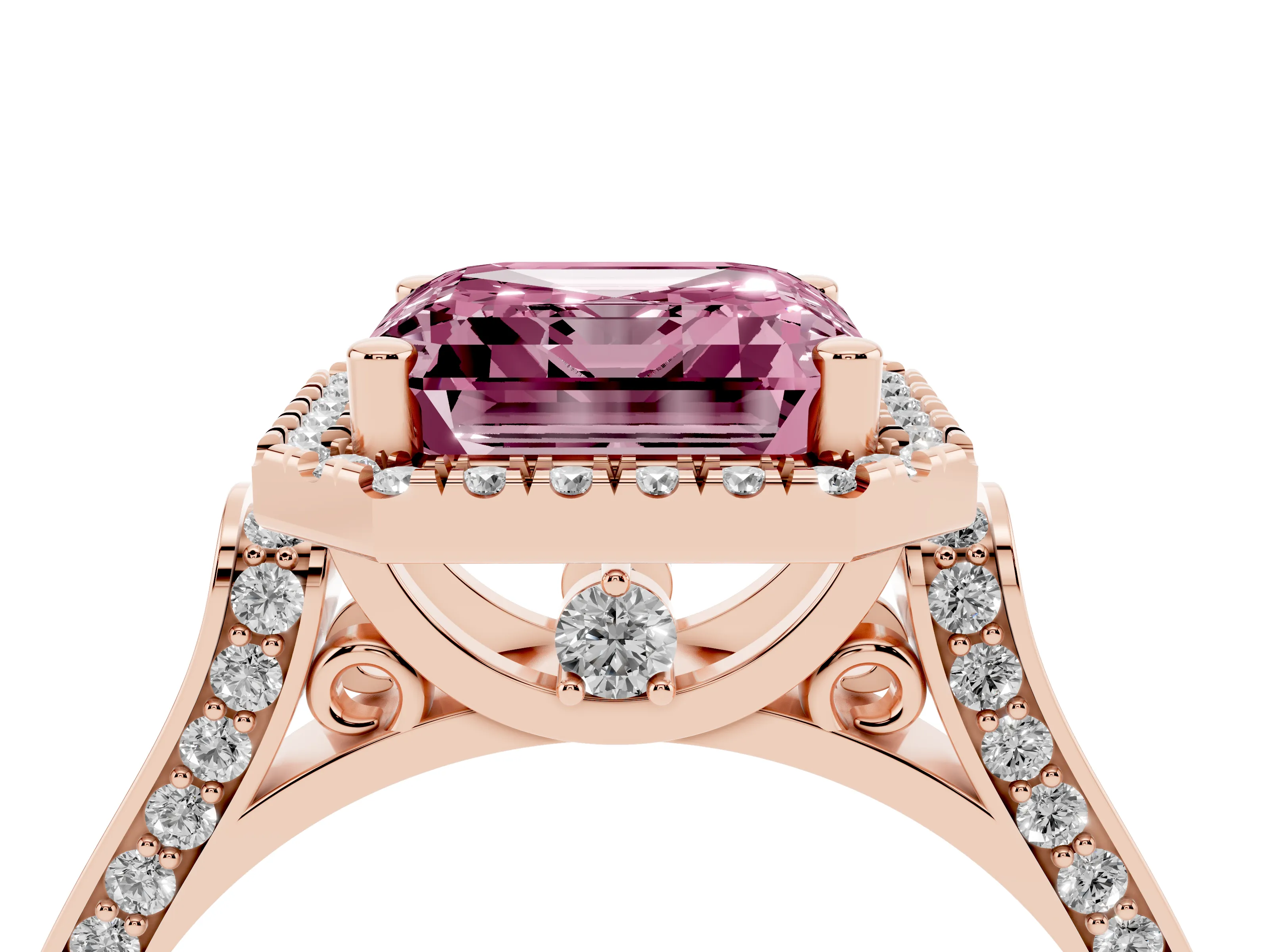 Fancy Pink Asscher Cut Diamond Halo Ring Set in Rose gold with Pavé-Lined Split Shank Band