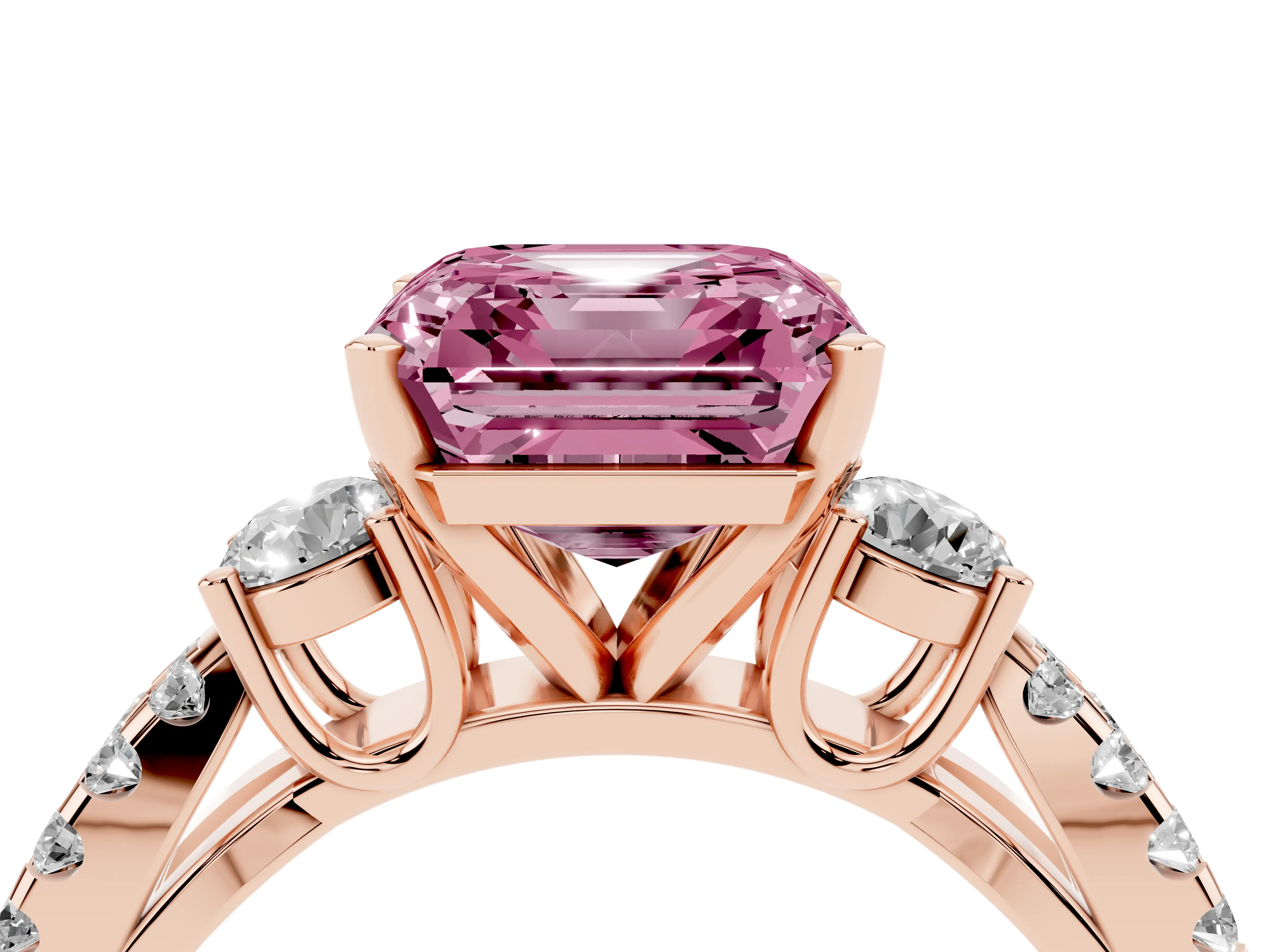 Fancy Pink Asscher Cut Diamond Three-Stone Ring Set in Rose gold with Pavé Split Shank and Prong Setting