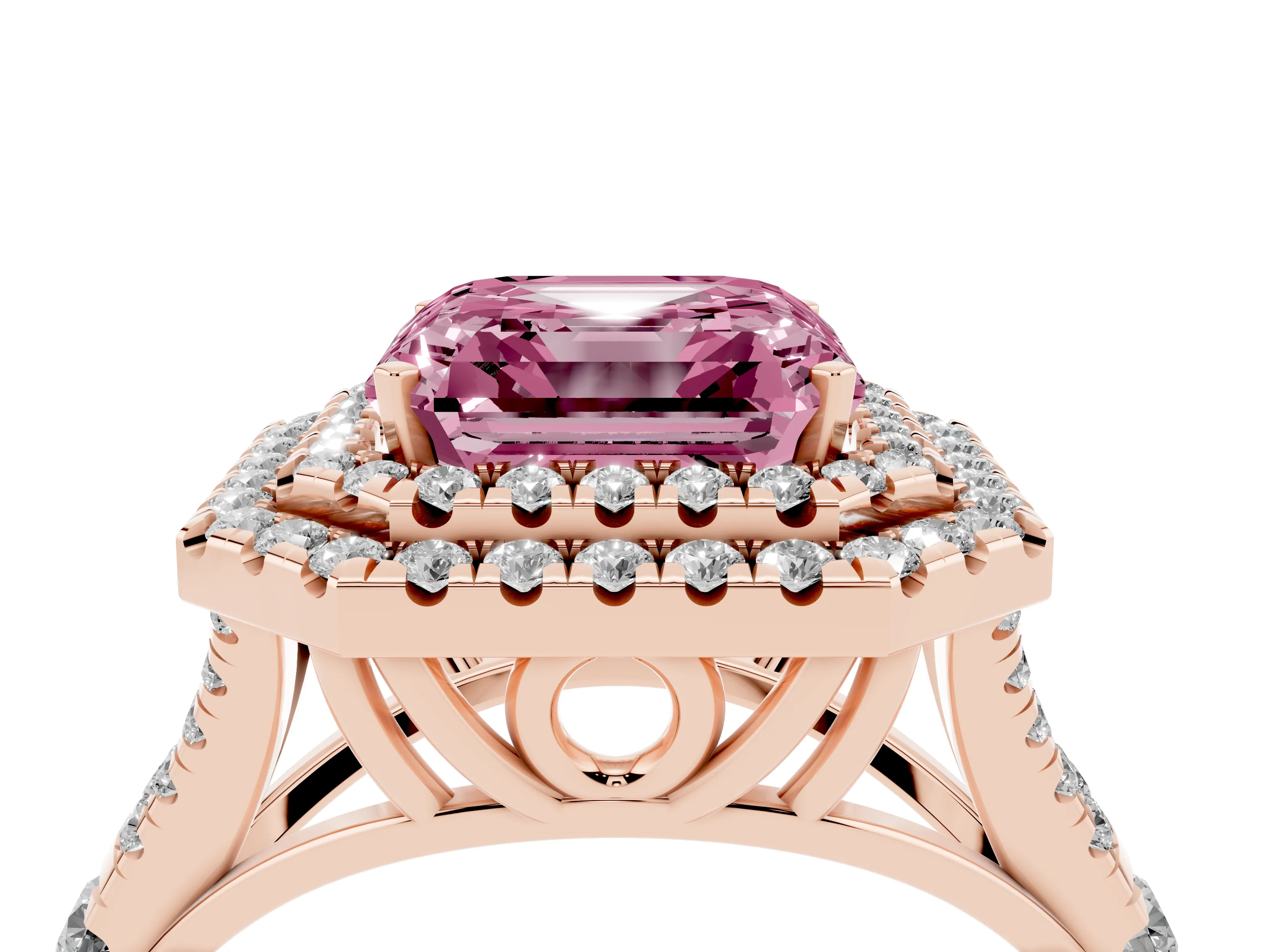 Fancy Pink Asscher Cut Diamond Pavé Split Shank Double Halo Engagement Ring Set in Rose gold