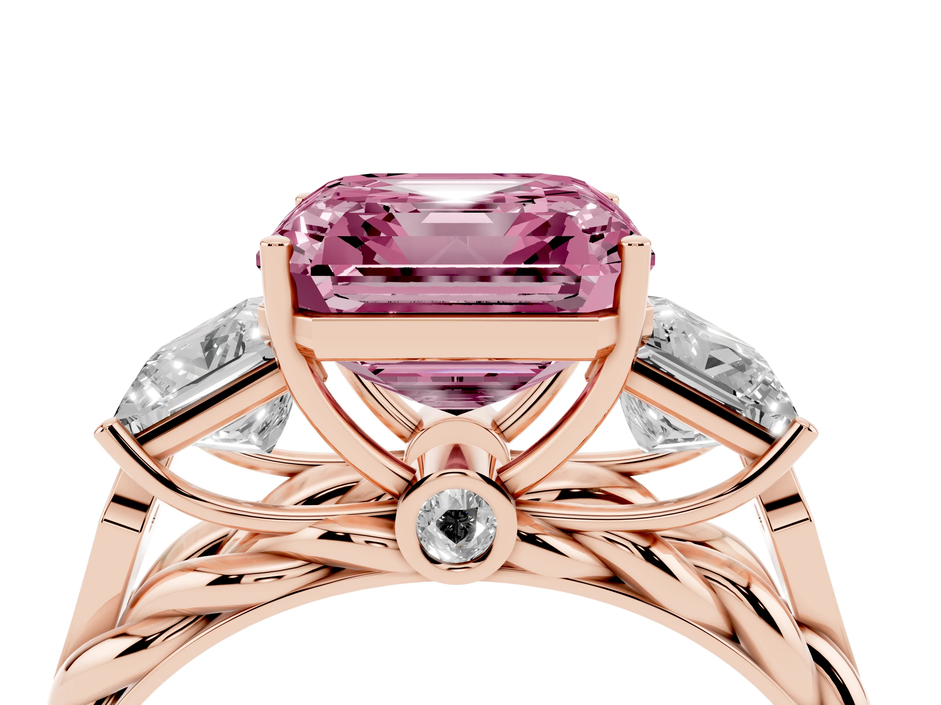 Fancy Pink Asscher Cut Diamond Three-Stone Ring Set in Rose gold with Braided Band