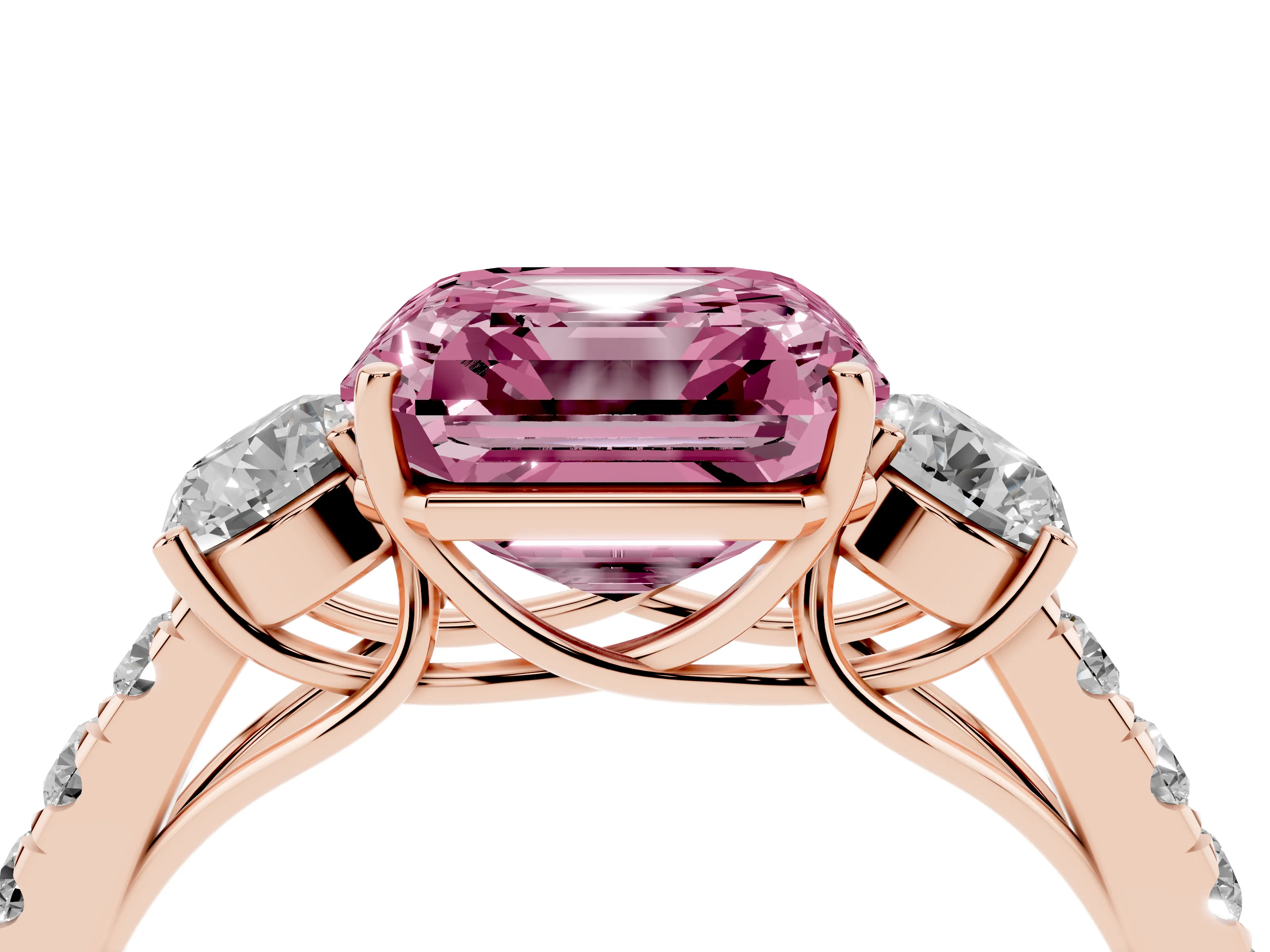 Fancy Pink Asscher Cut Diamond Three-Stone Ring Set in Rose gold with Round Side Stones and Delicate Pavé Band
