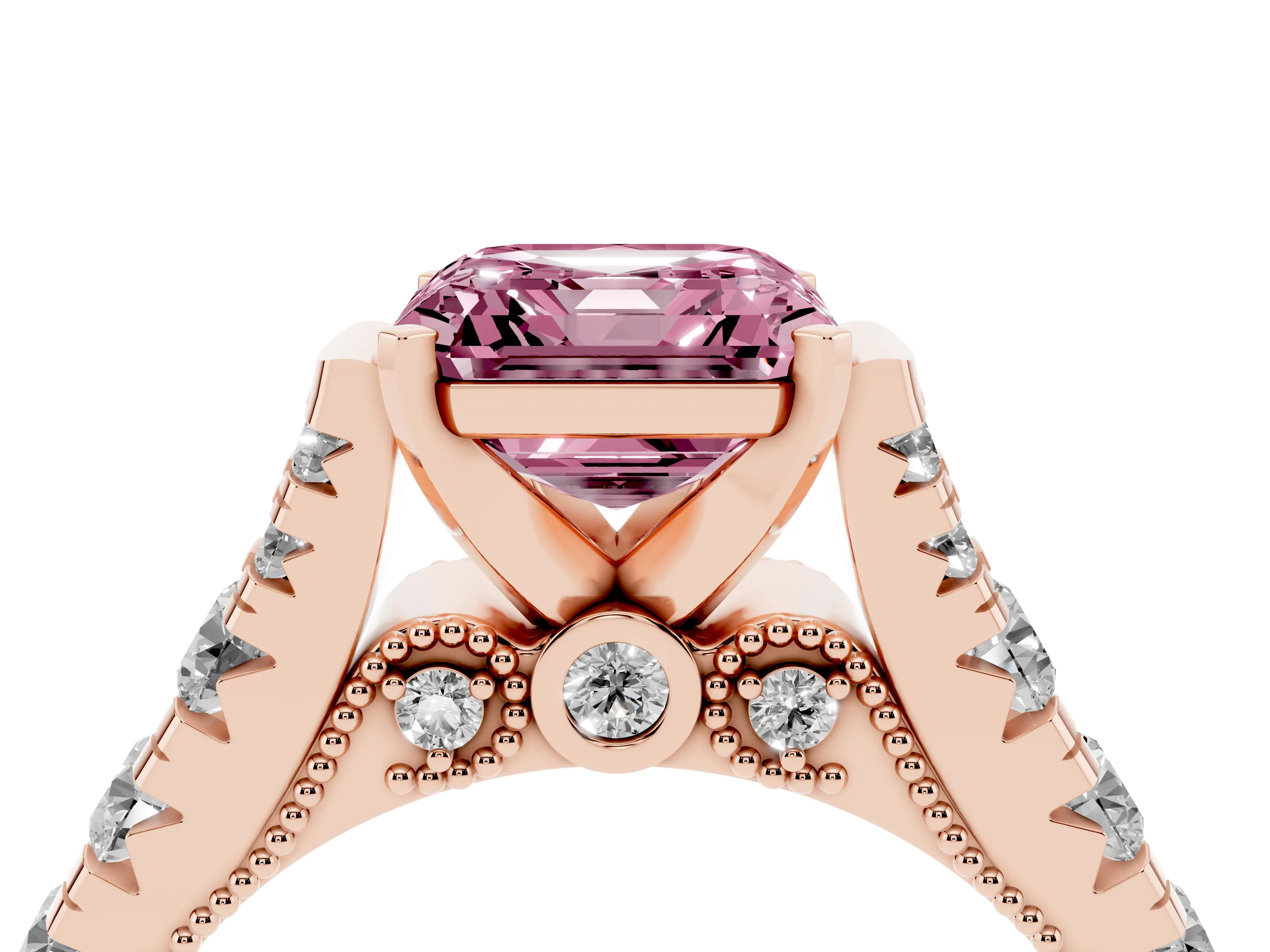Fancy Pink Asscher Cut Diamond Classic Solitaire Ring Set in Rose gold with Pavé Band and Prong Setting
