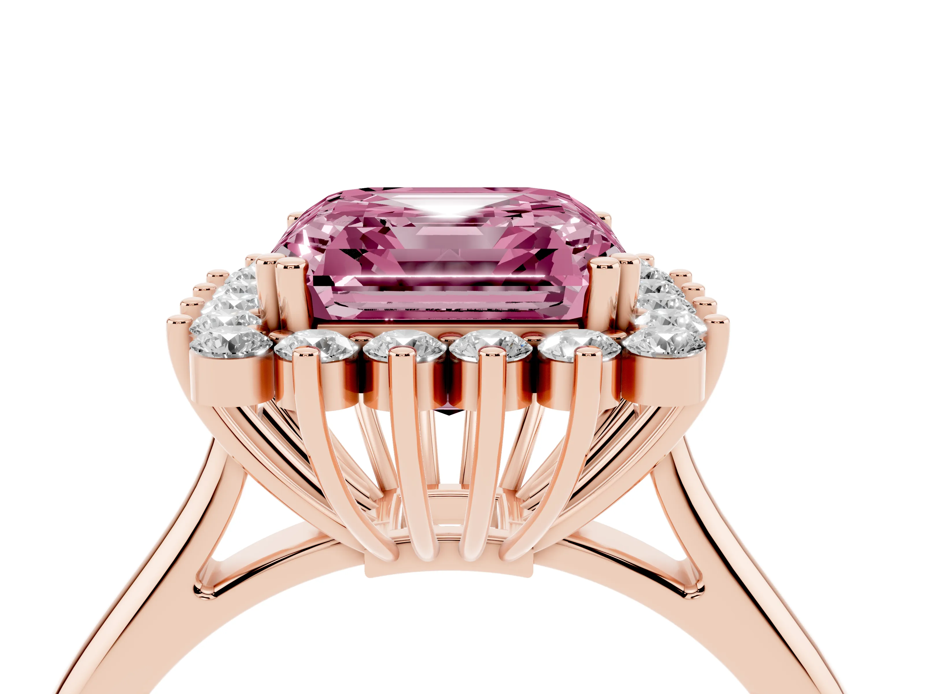 Fancy Pink Asscher Cut Diamond Halo Ring Set in Rose gold with Plain Solitaire Band and Prong Setting