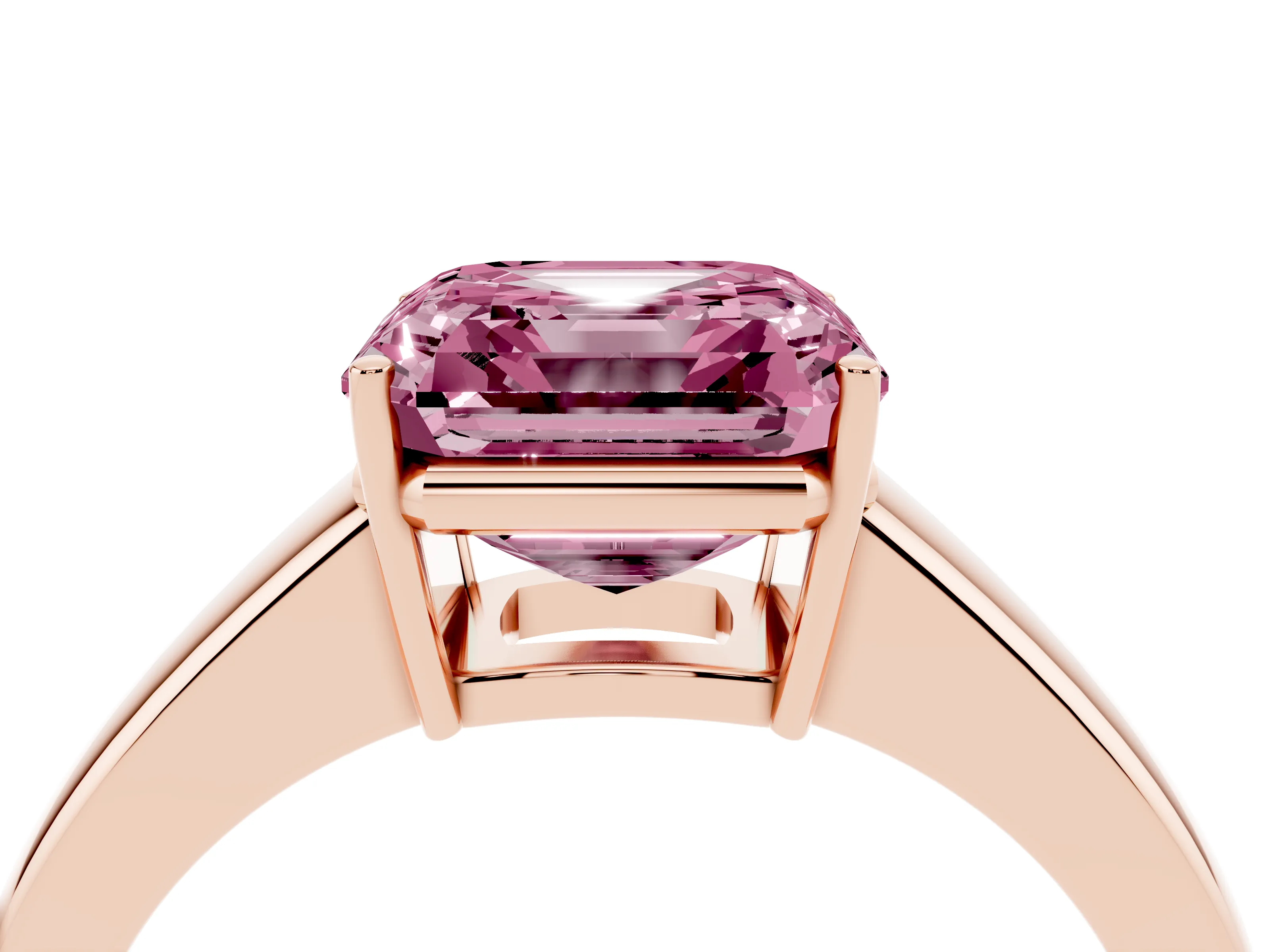 Fancy Pink Asscher Cut Diamond Solitaire Ring Set in Rose gold with Tapered Band and Prong Setting