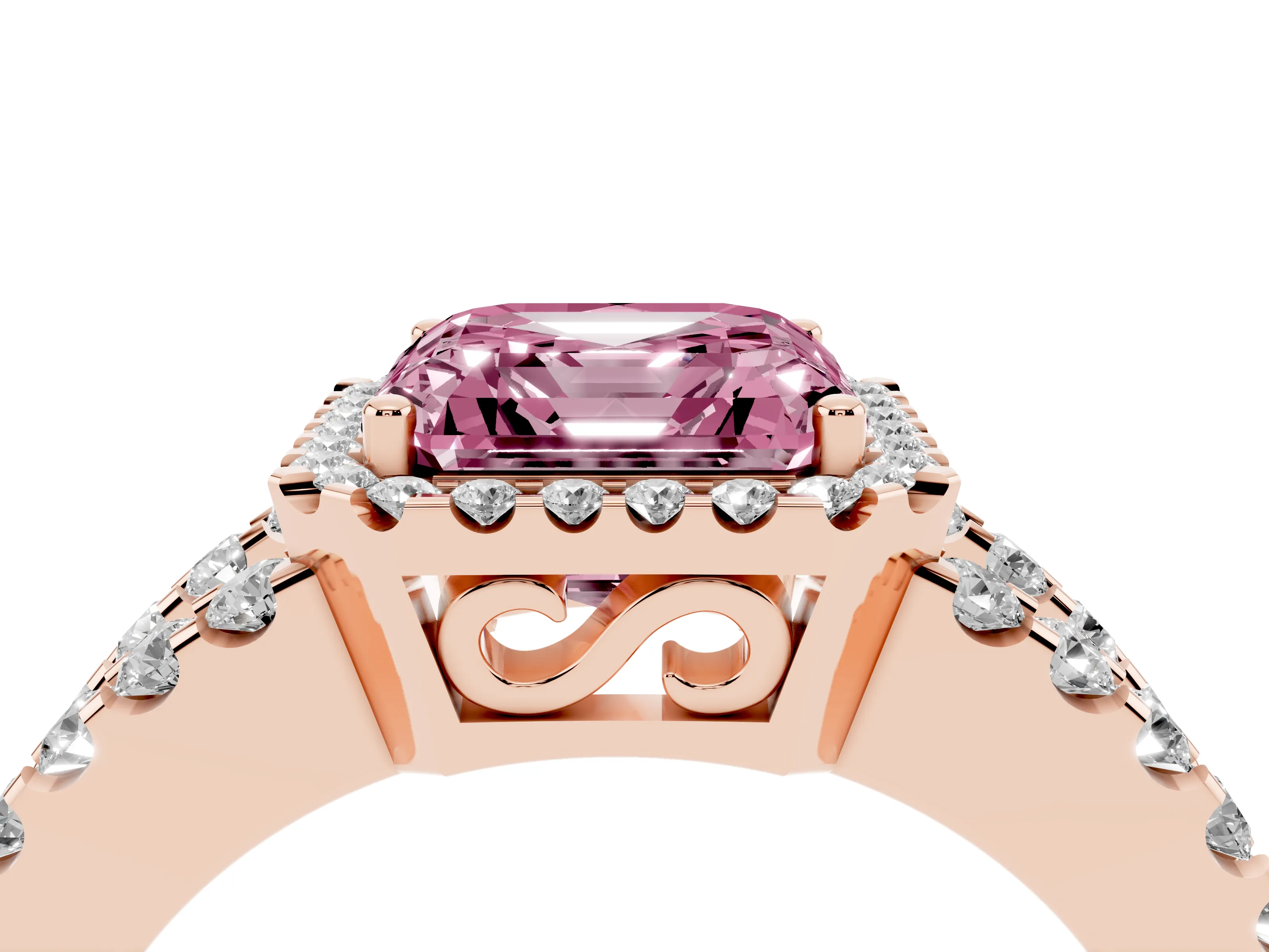 Fancy Pink Asscher Cut Diamond Halo Ring Set in Rose gold with Pavé Split Shank and Prong Setting