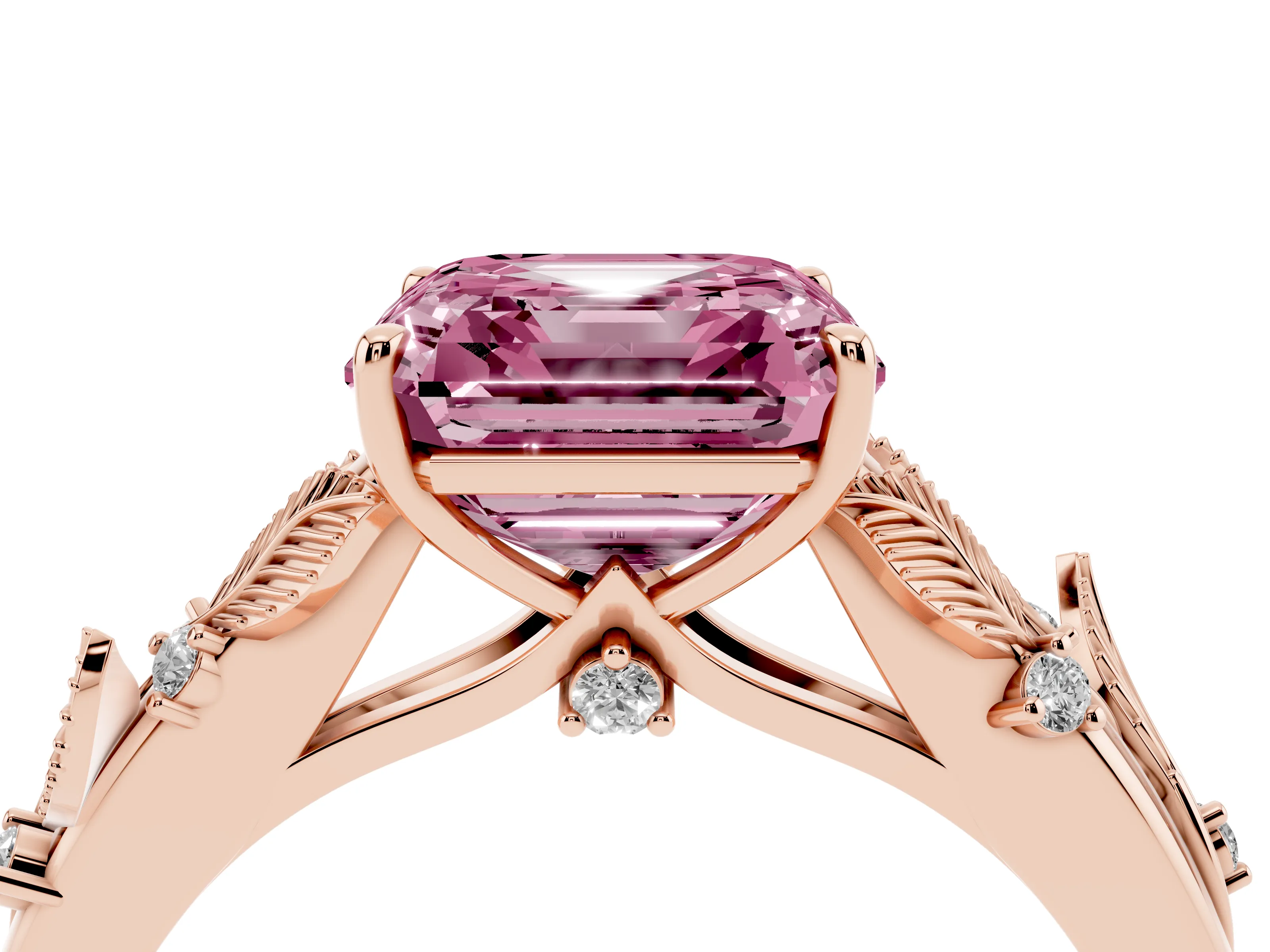 Fancy Pink Asscher Cut Diamond Solitaire Ring Set in Rose gold with Leaf Motif Band