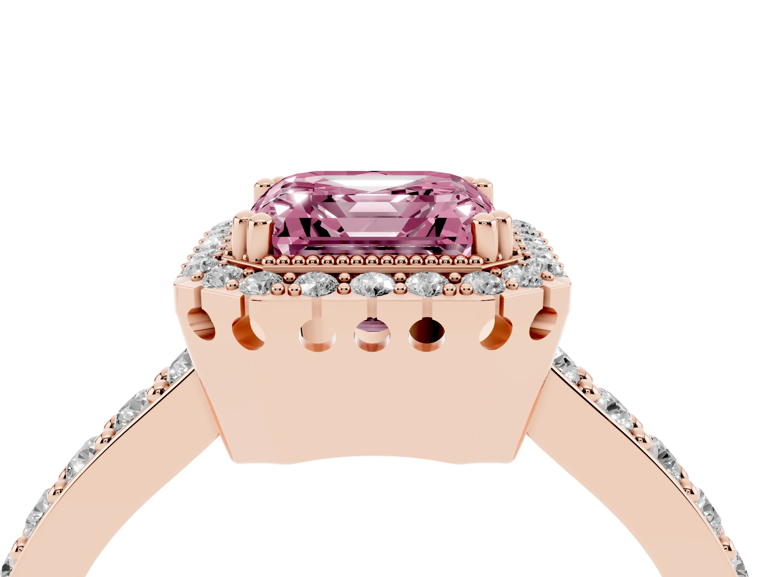 Fancy Pink Asscher Cut Diamond Halo Engagement Ring Set in Rose gold with Milgrain Detail and Pavé Band