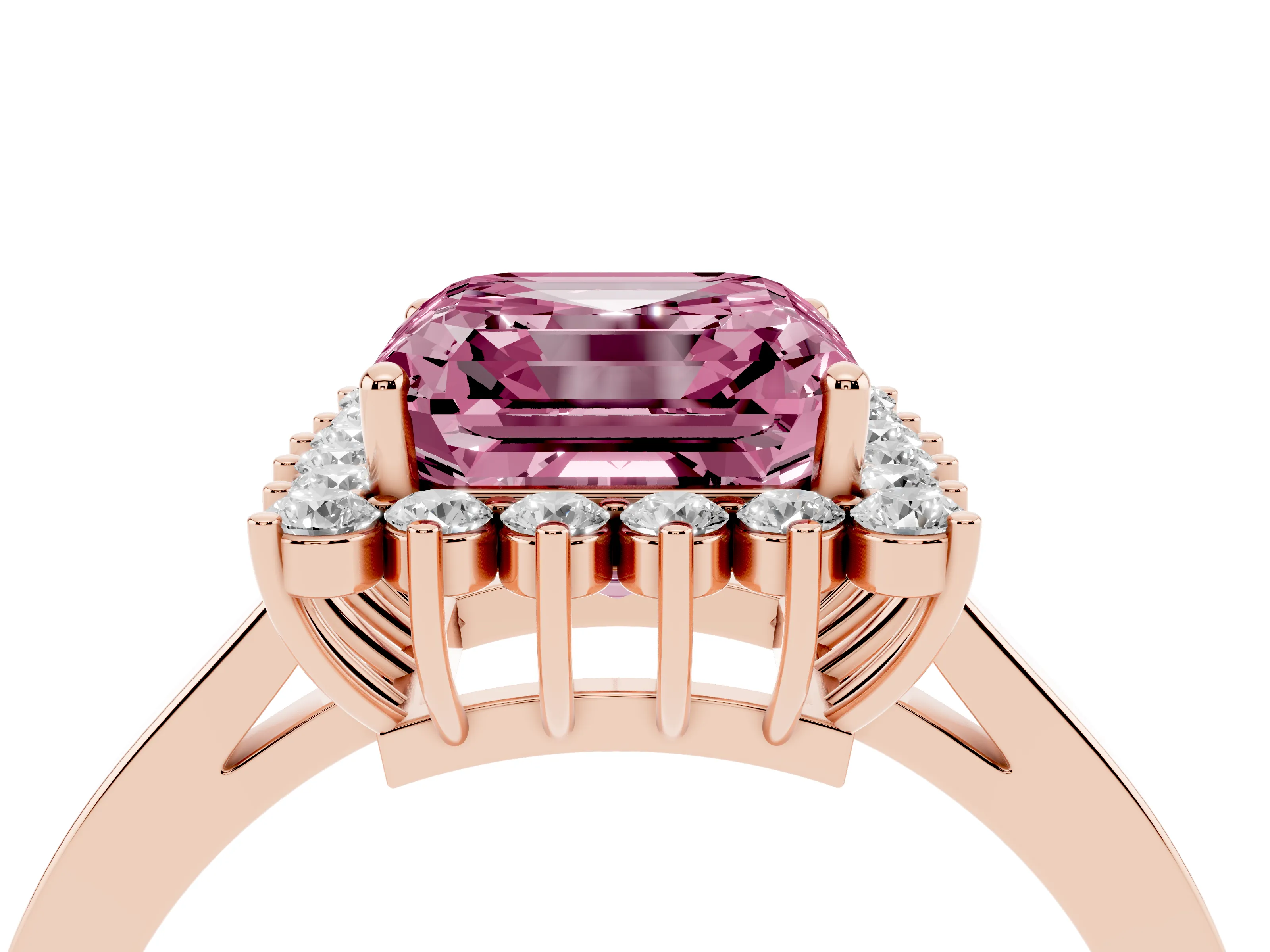 Fancy Pink Asscher Cut Diamond Halo Ring Set in Rose gold with Round Halo and Smooth Solitaire Band