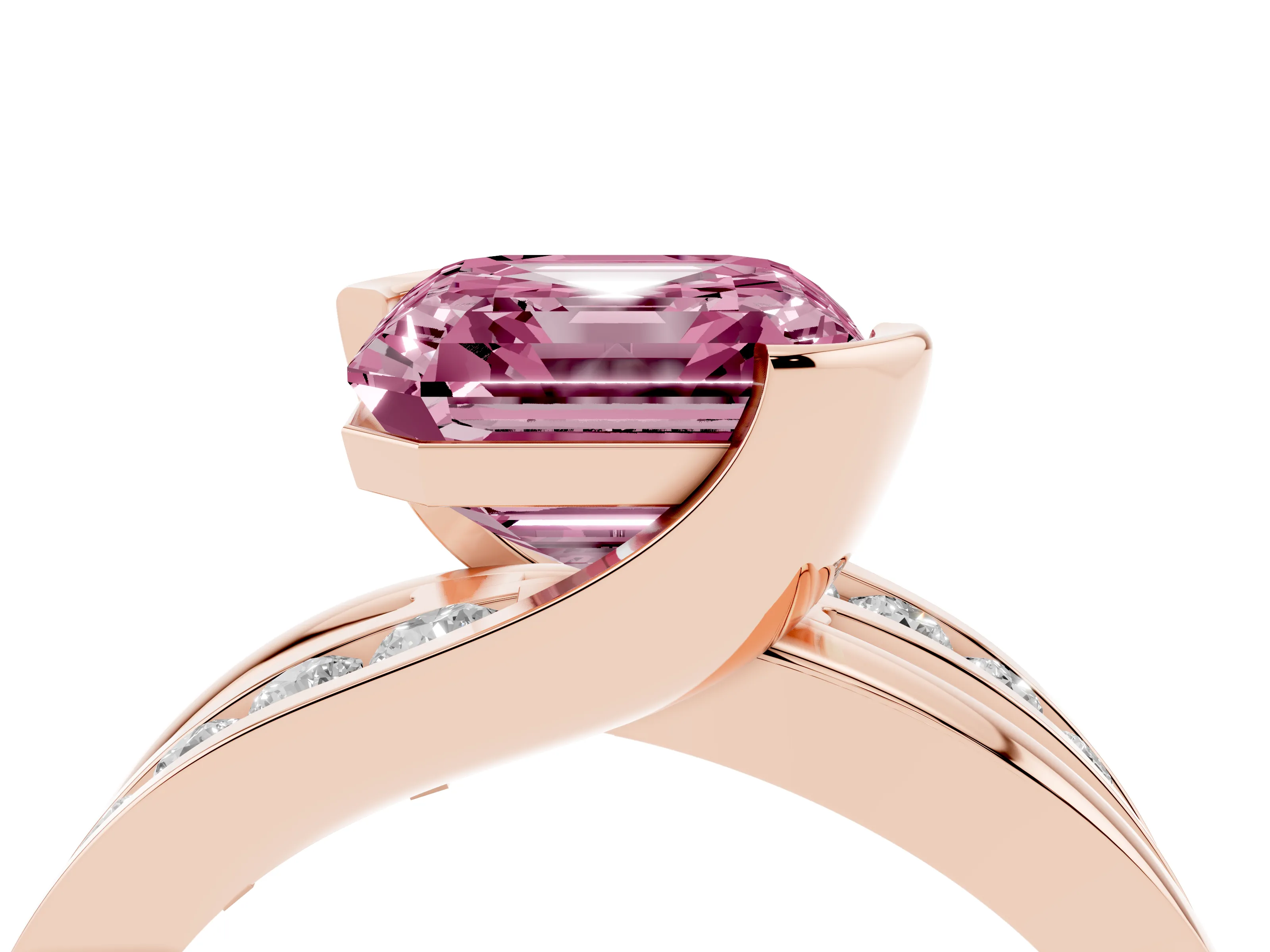 Fancy Pink Asscher Cut Diamond Solitaire Ring Set in Rose gold with Channel Set Split Shank and Tension Prongs