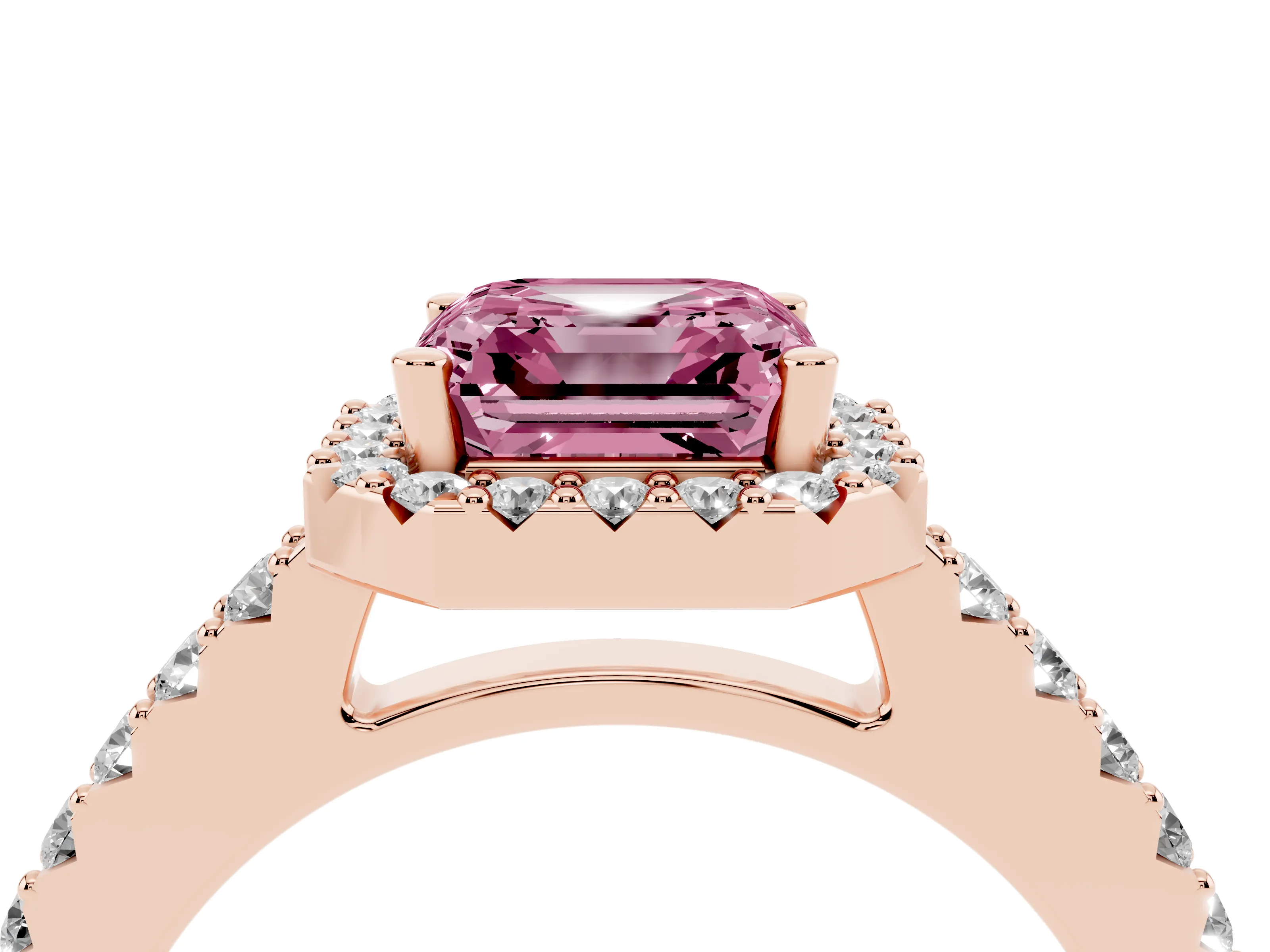 Fancy Pink Asscher Cut Diamond Halo Pavé Solitaire Ring Set in Rose gold with Prong-Set Center Stone