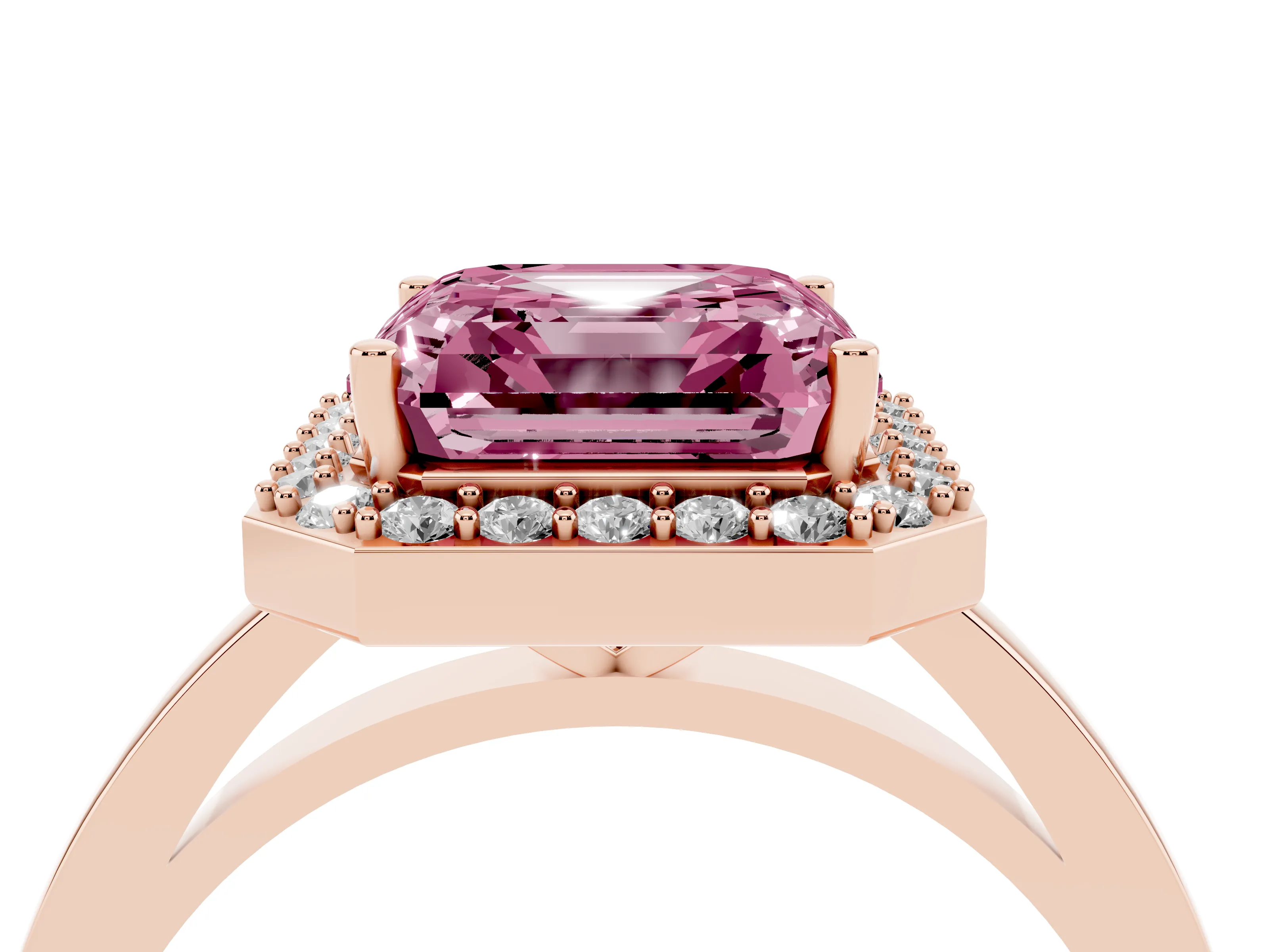 Fancy Pink Asscher Cut Diamond Halo Ring Set in Rose gold with Solitaire Band and Prong Setting