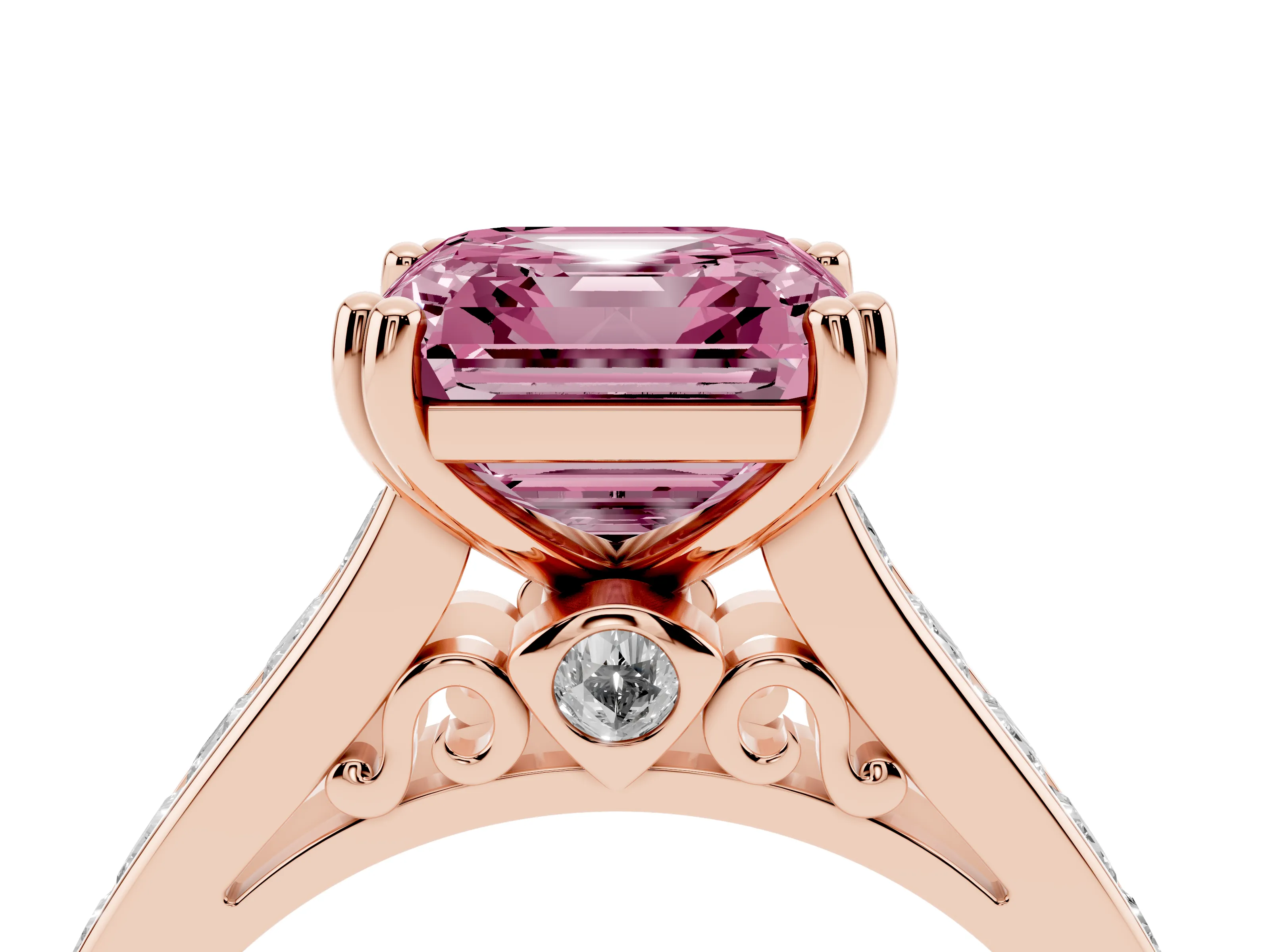 Fancy Pink Asscher Cut Diamond Channel Set Solitaire Engagement Ring Set in Rose gold with Prong Setting
