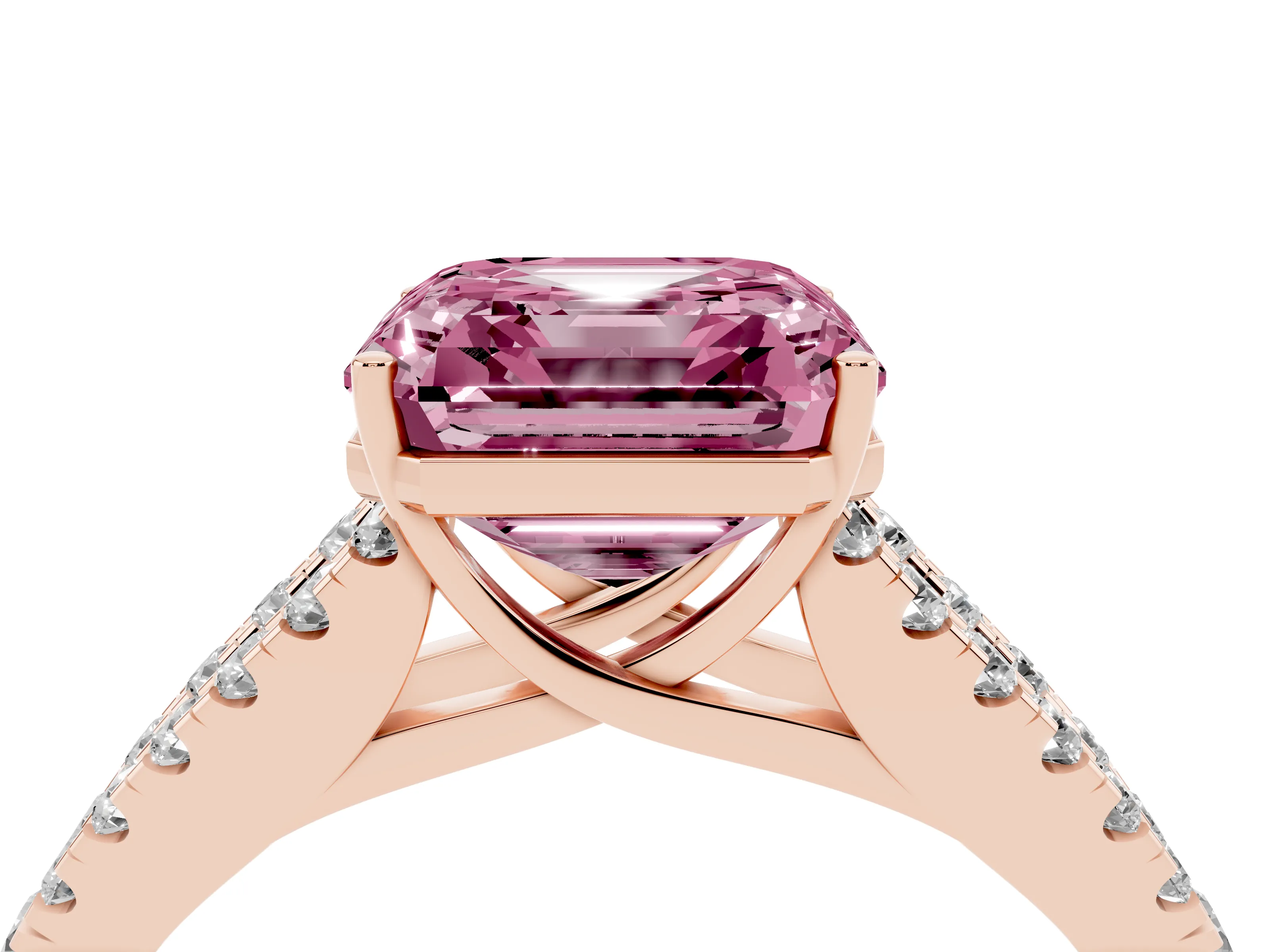 Fancy Pink Asscher Cut Diamond Split Shank Pavé Engagement Ring Set in Rose gold with Prong-Held Center Stone