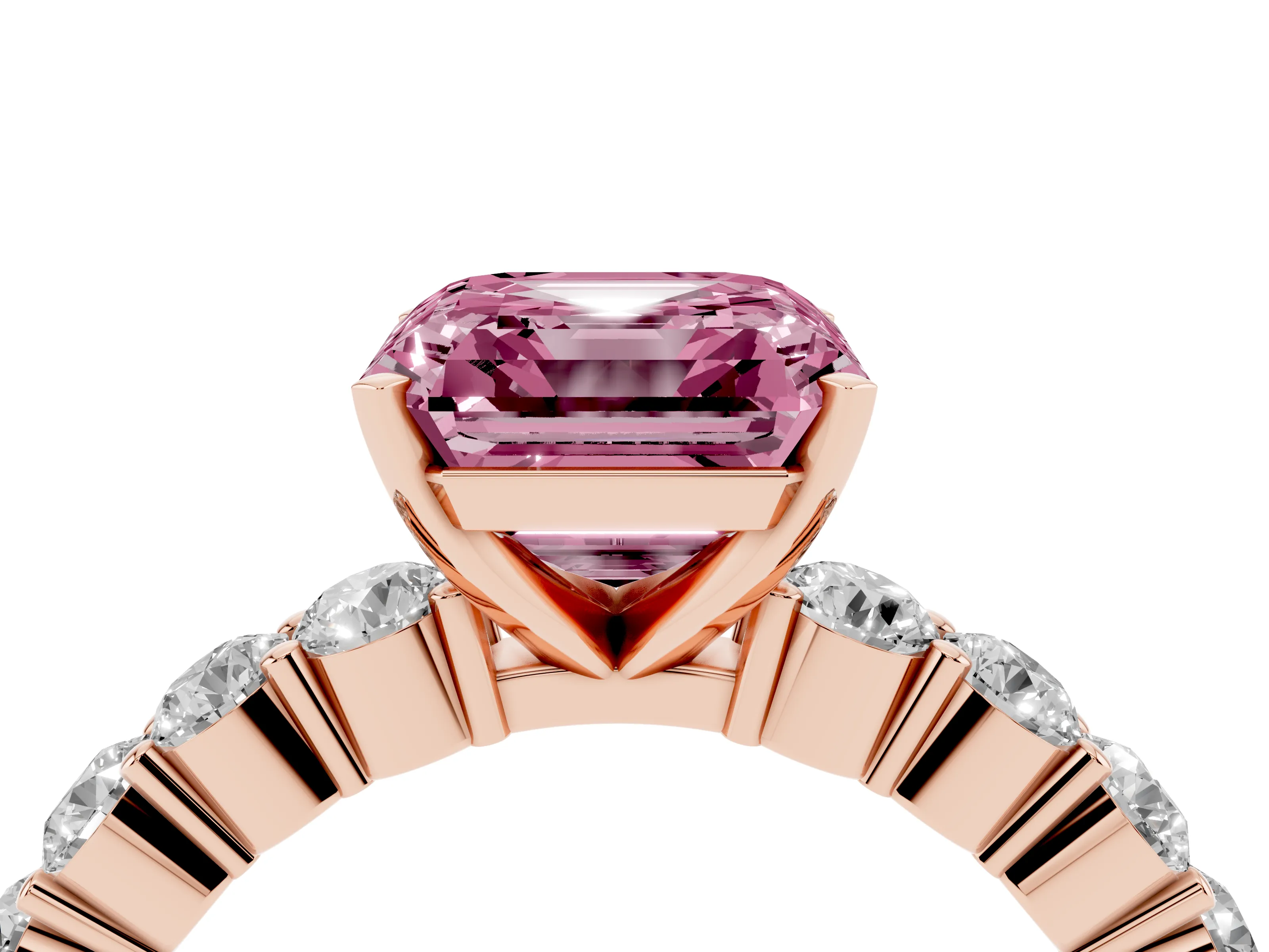 Fancy Pink Asscher Cut Diamond Solitaire Ring Set in Rose gold with Shared Prong Round Side Stones