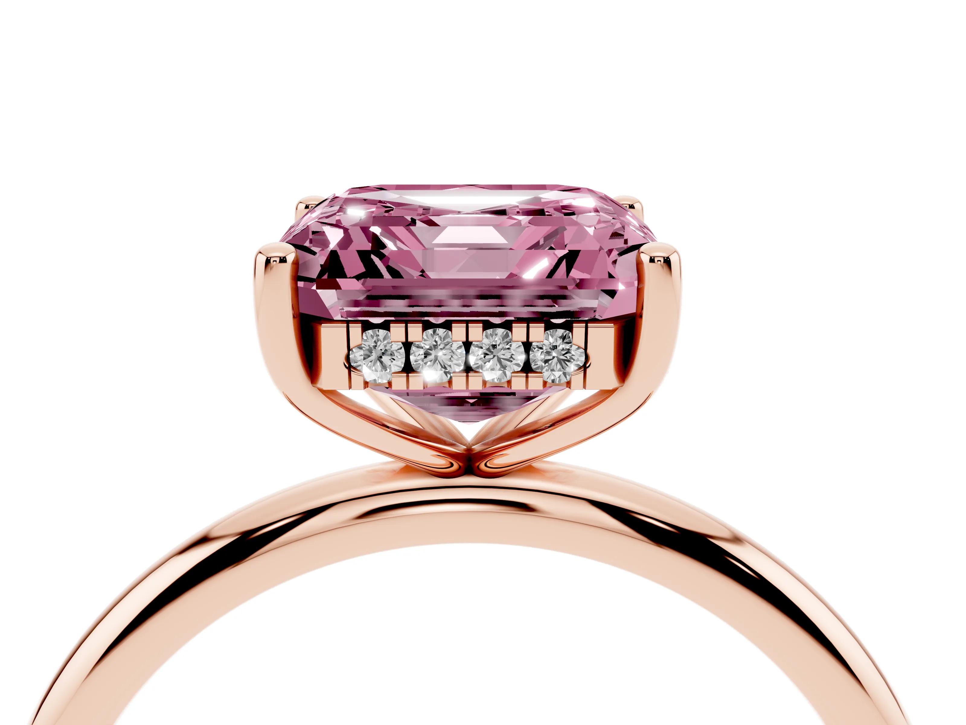 Fancy Pink Asscher Cut Diamond Solitaire Engagement Ring Set in Rose gold with Prong Setting and Polished Band