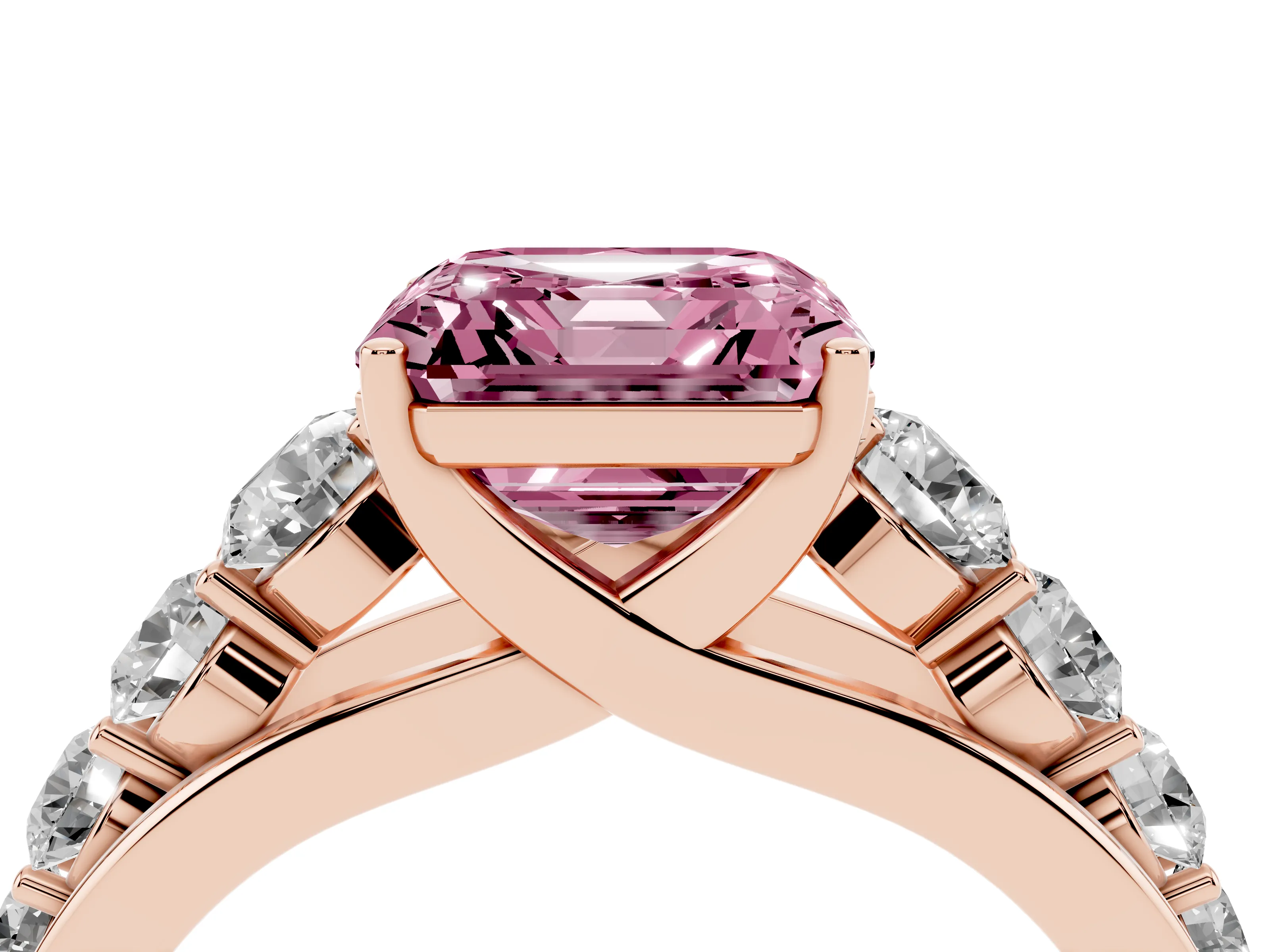 Fancy Pink Asscher Cut Diamond Solitaire Ring Set in Rose gold with Pavé-Set Band and Prong Setting