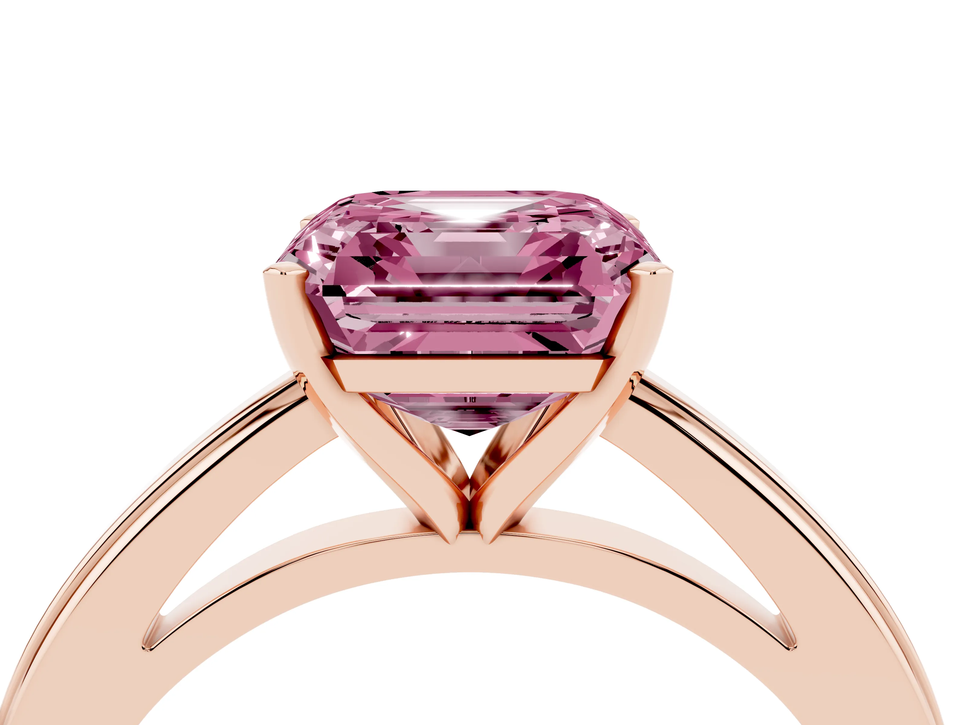 Fancy Pink Asscher Cut Diamond Solitaire Ring Set in Rose gold with Prong Setting and Classic Band