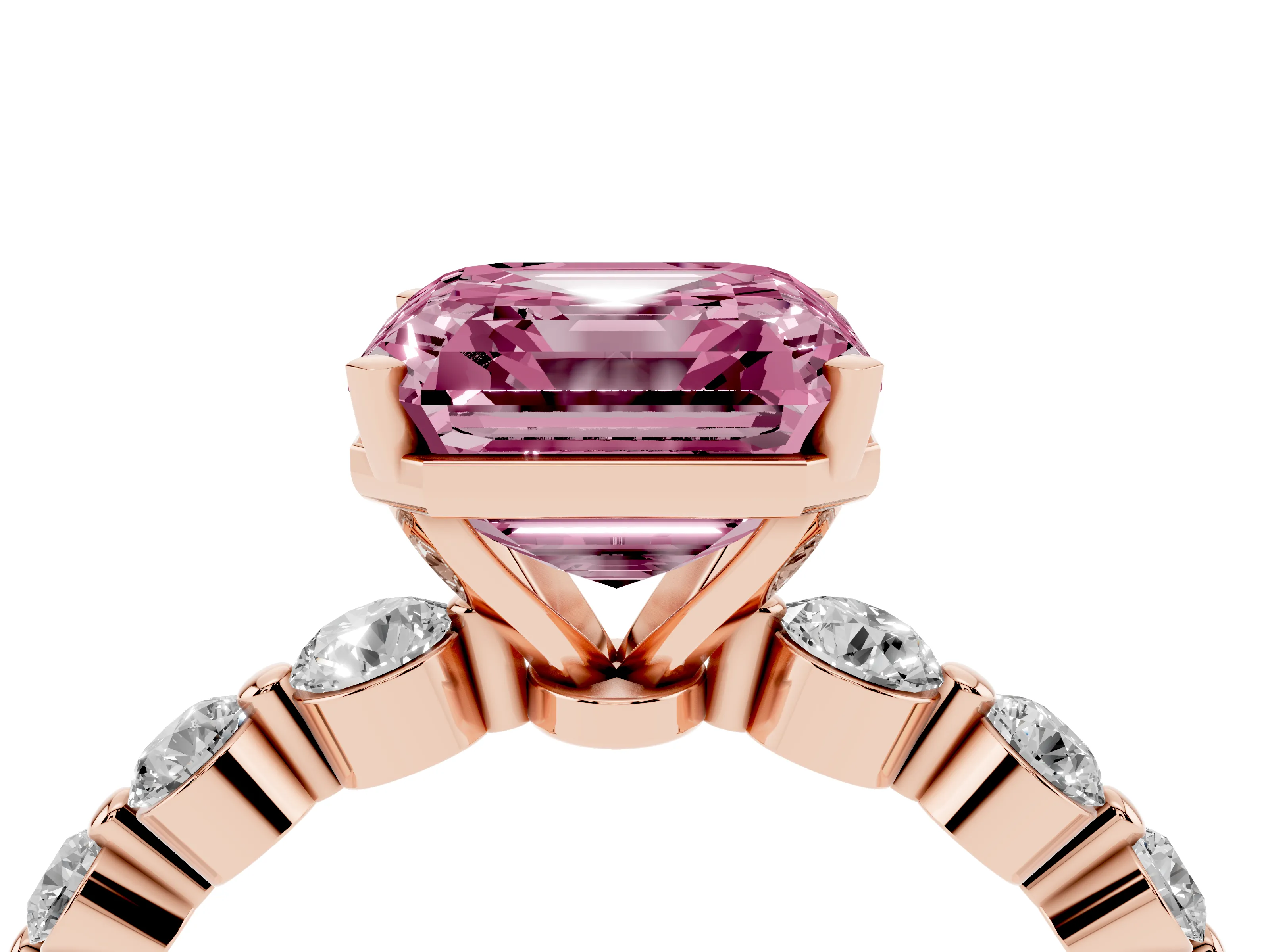 Fancy Pink Asscher Cut Diamond Solitaire Ring Set in Rose gold with Pavé Band and Prong Setting