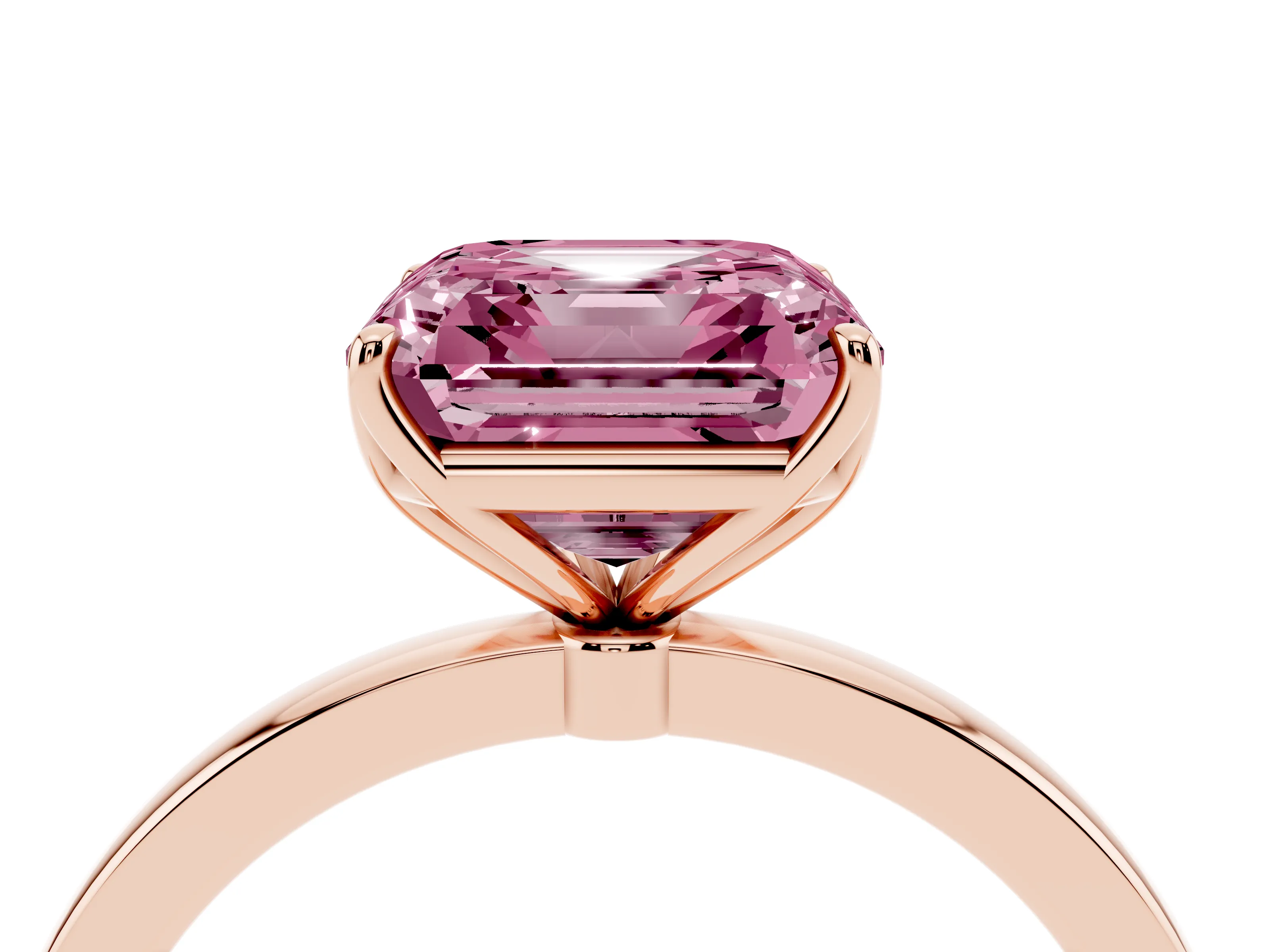 Fancy Pink Asscher Cut Diamond Solitaire Ring Set in Rose gold with Prong Setting and Thin Polished Band