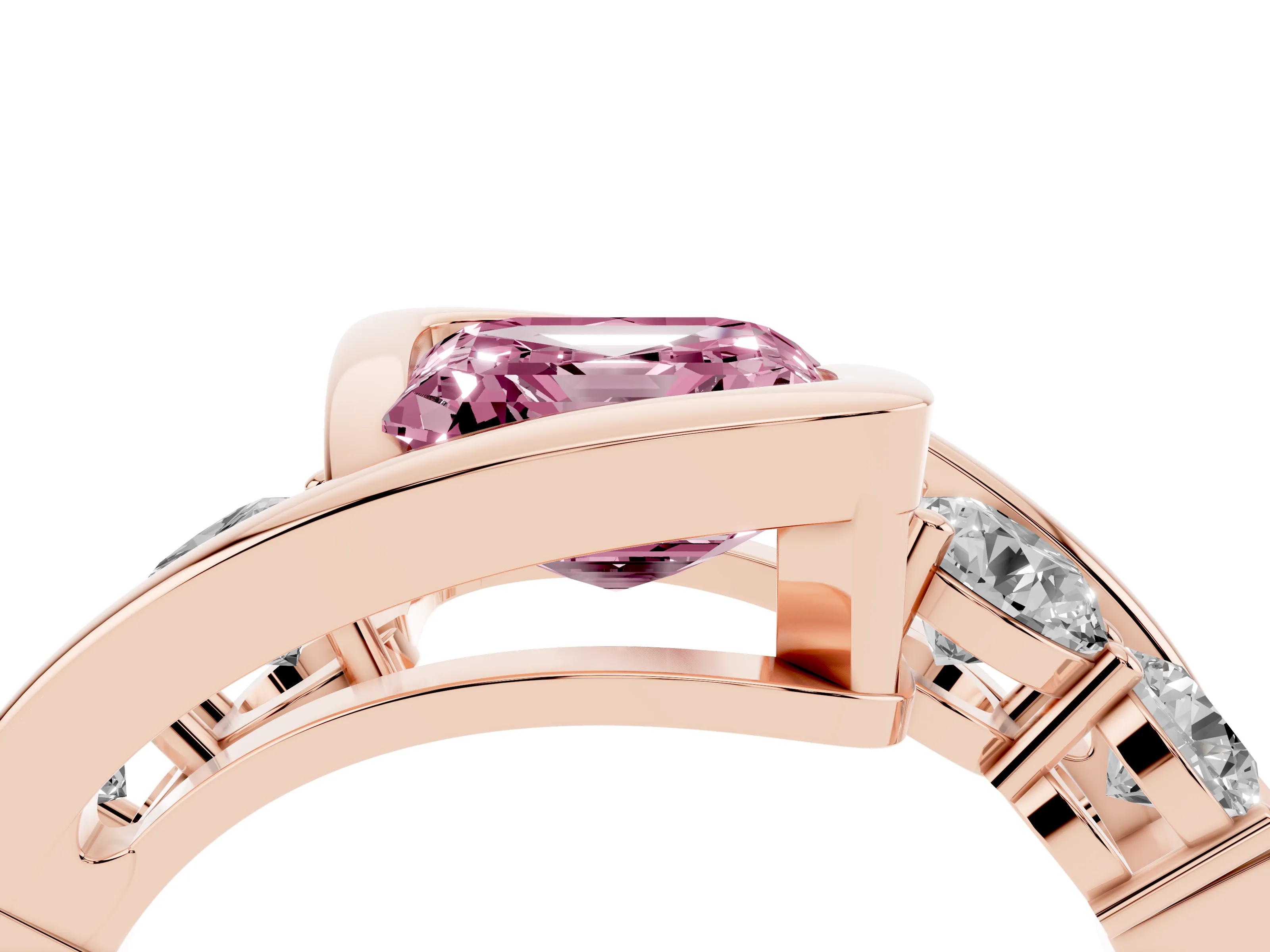 Fancy Pink Asscher Cut Diamond Bezel Bypass Ring Set in Rose gold with Round Accents