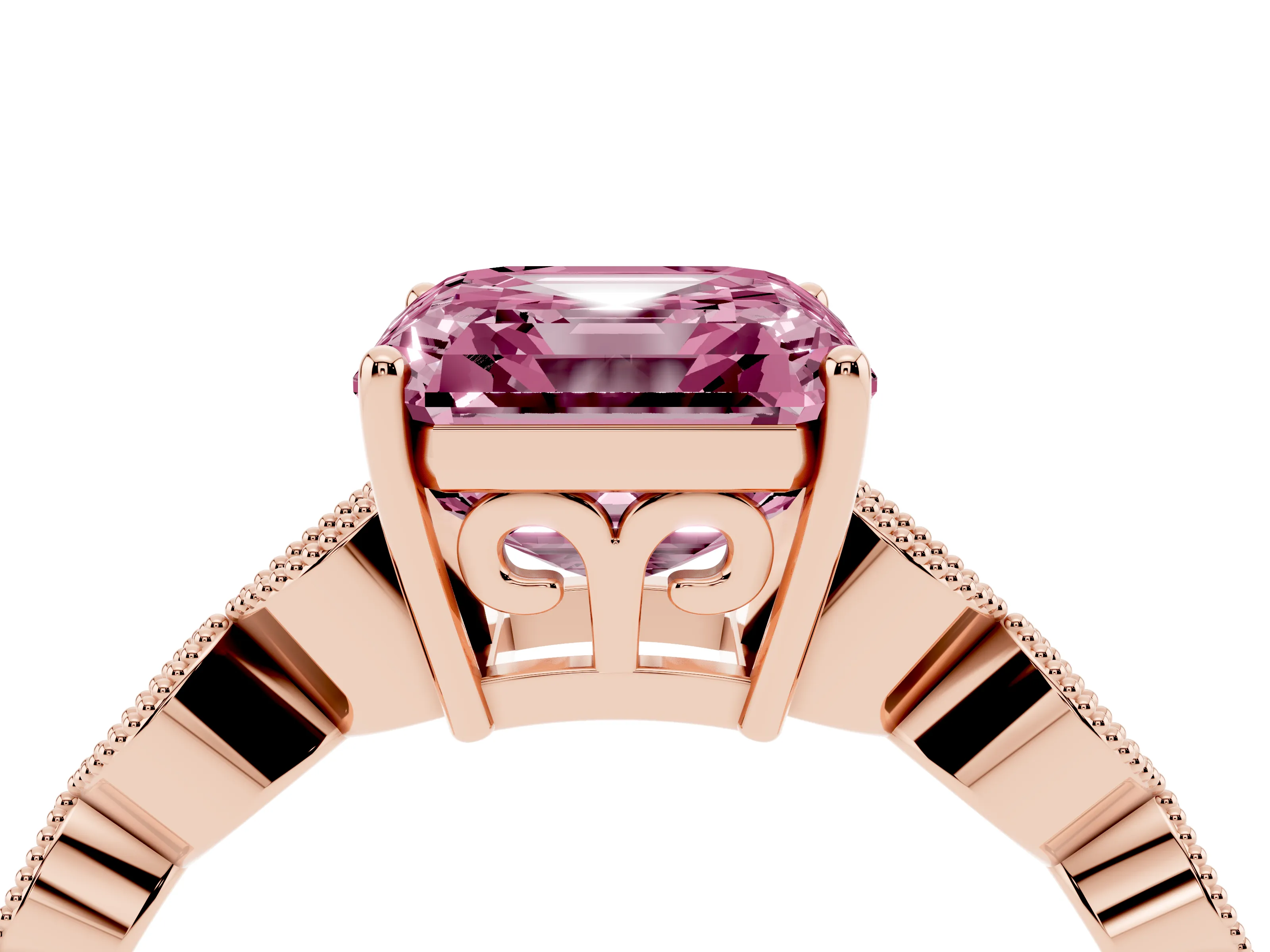 Fancy Pink Asscher Cut Diamond Solitaire Ring Set in Rose gold with Infinity Twist Pavé Band