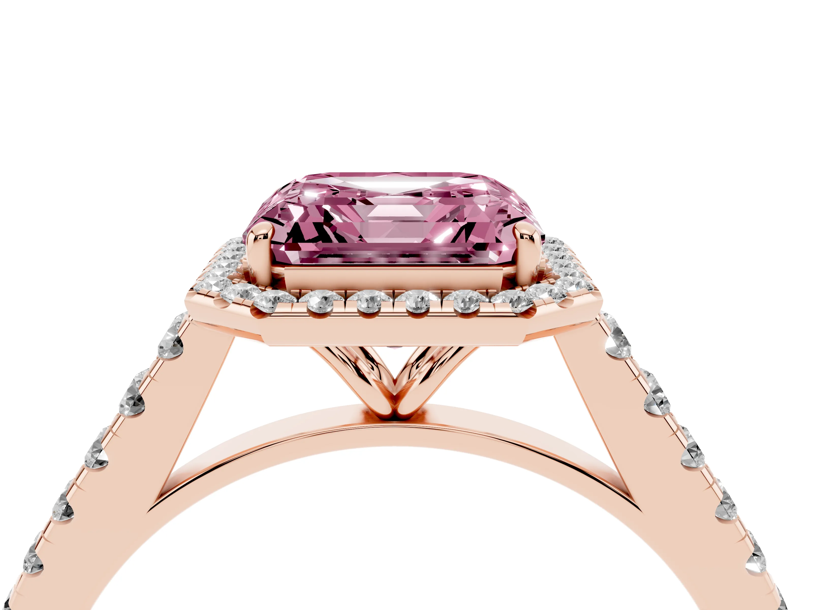 Fancy Pink Asscher Cut Diamond Halo Pavé Engagement Ring Set in Rose gold with Prong Setting