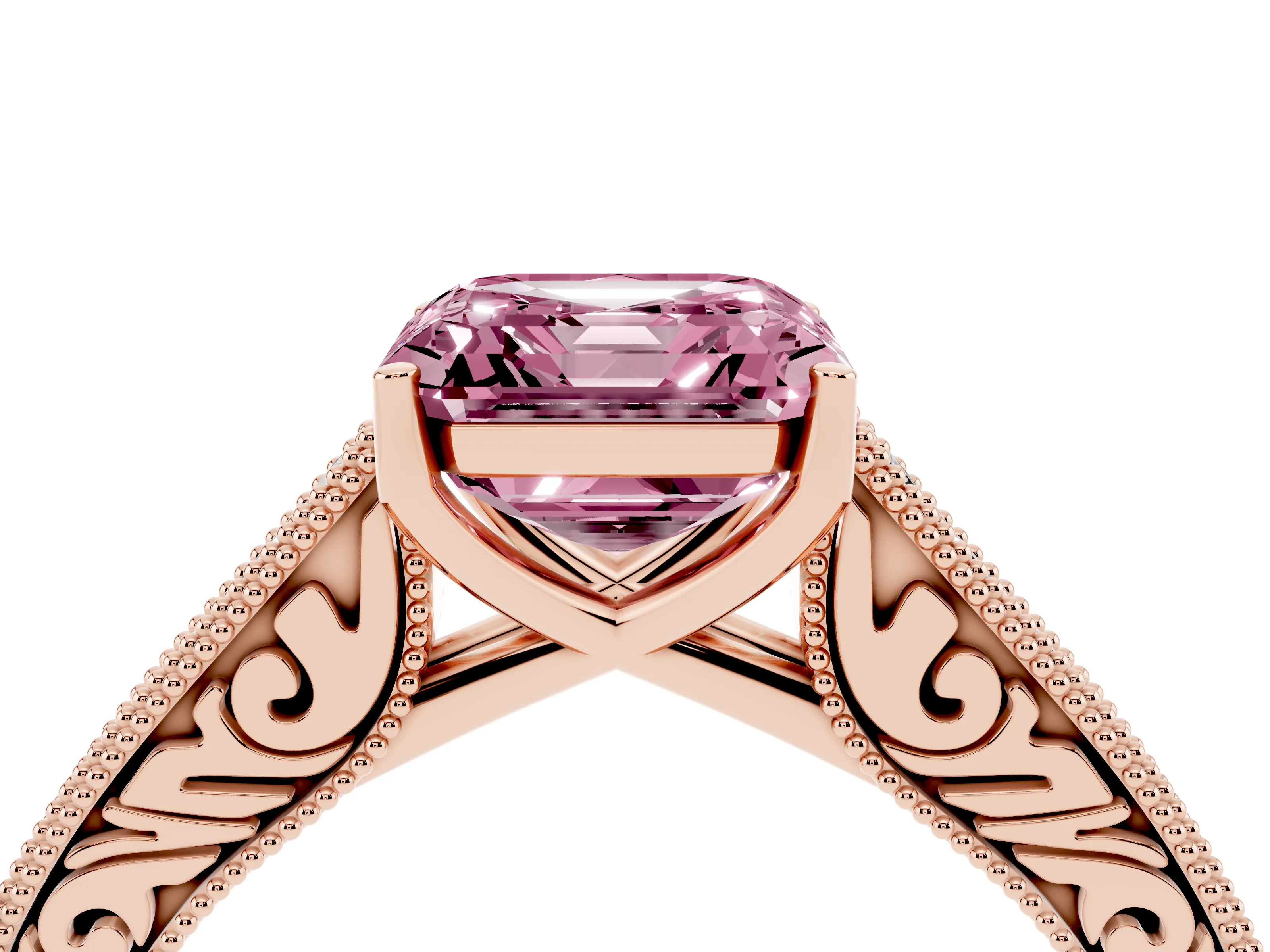 Fancy Pink Asscher Cut Diamond Milgrain Pavé Band Solitaire Ring Set in Rose gold with Prong Setting