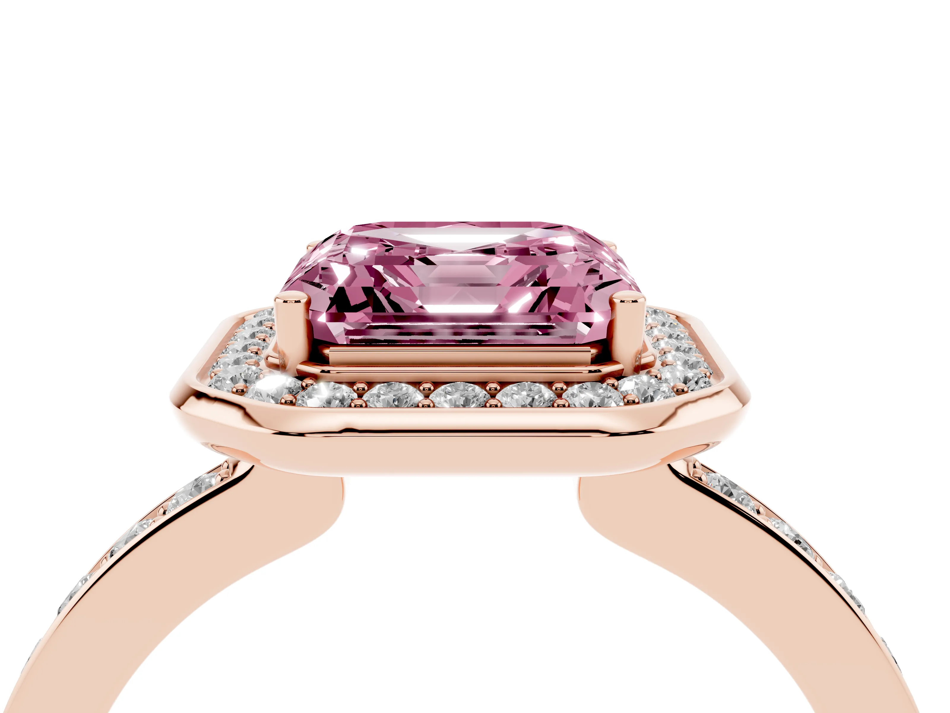 Fancy Pink Asscher Cut Diamond Halo Ring Set in Rose gold with Bezel Frame and Pavé Band