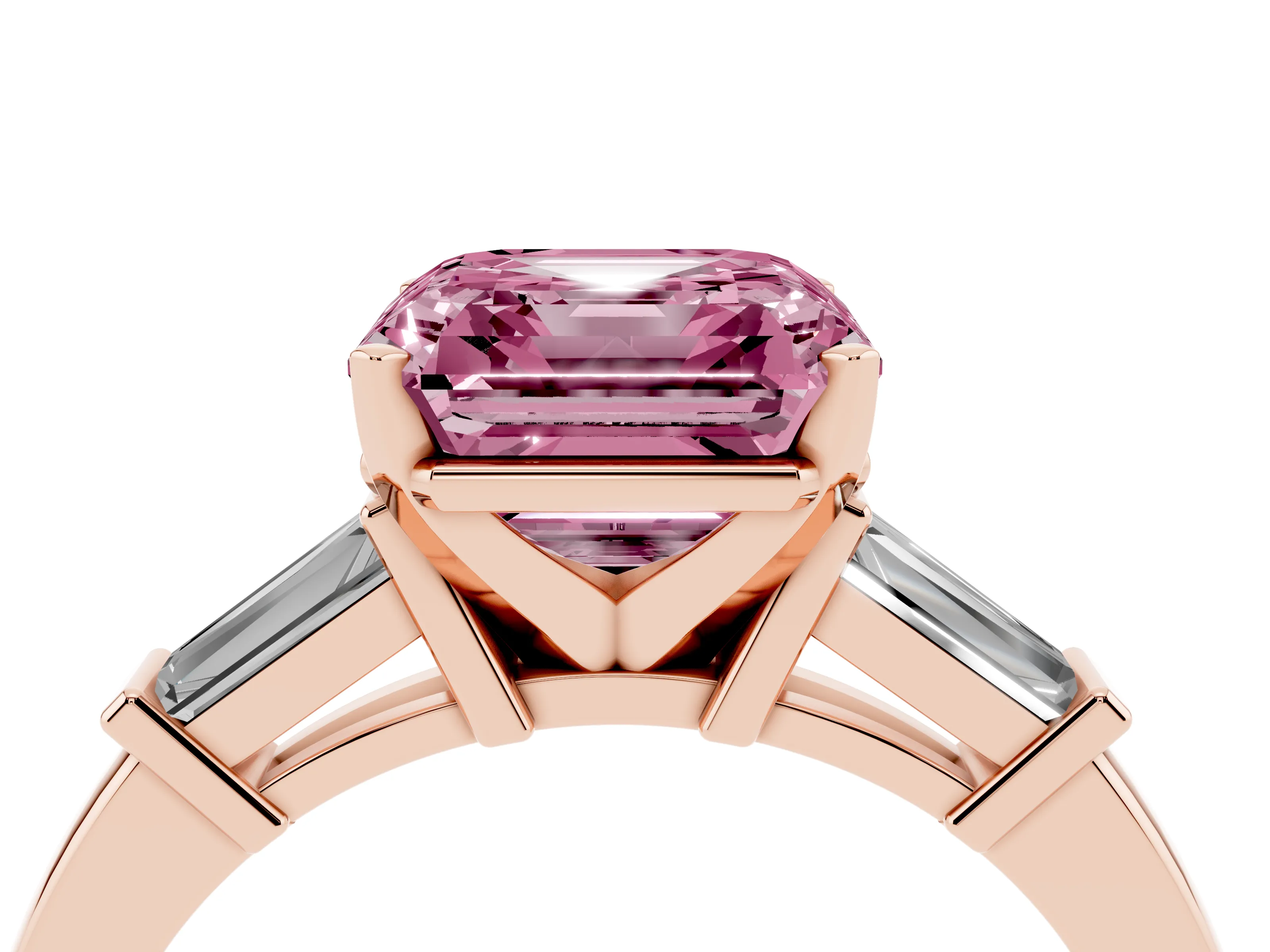 Fancy Pink Asscher Cut Diamond Solitaire Ring Set in Rose gold with Tapered Baguette Accents and Prong Setting