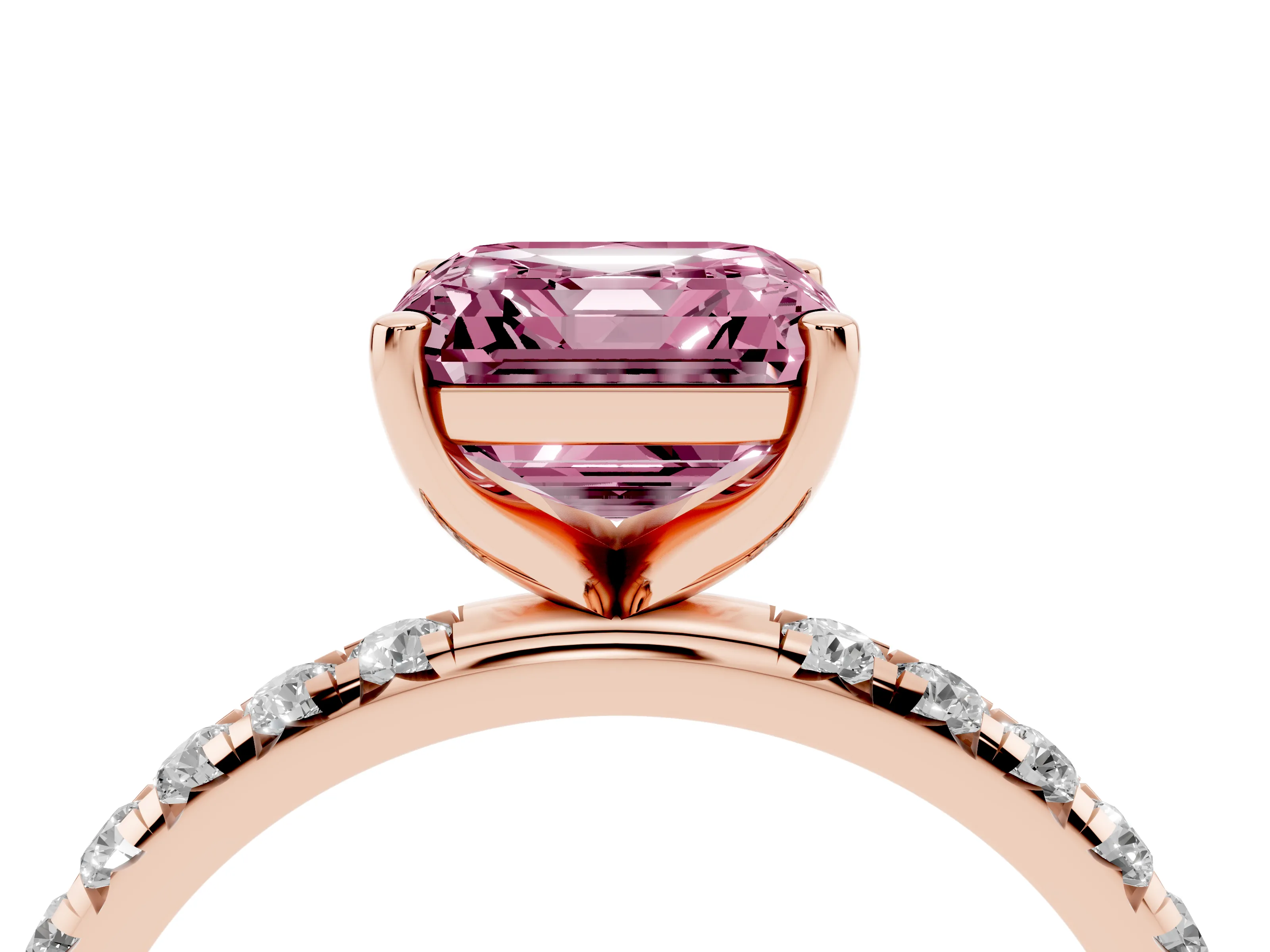 Fancy Pink Asscher Cut Diamond Solitaire Ring Set in Rose gold with Micro Pavé Band and Prong Setting