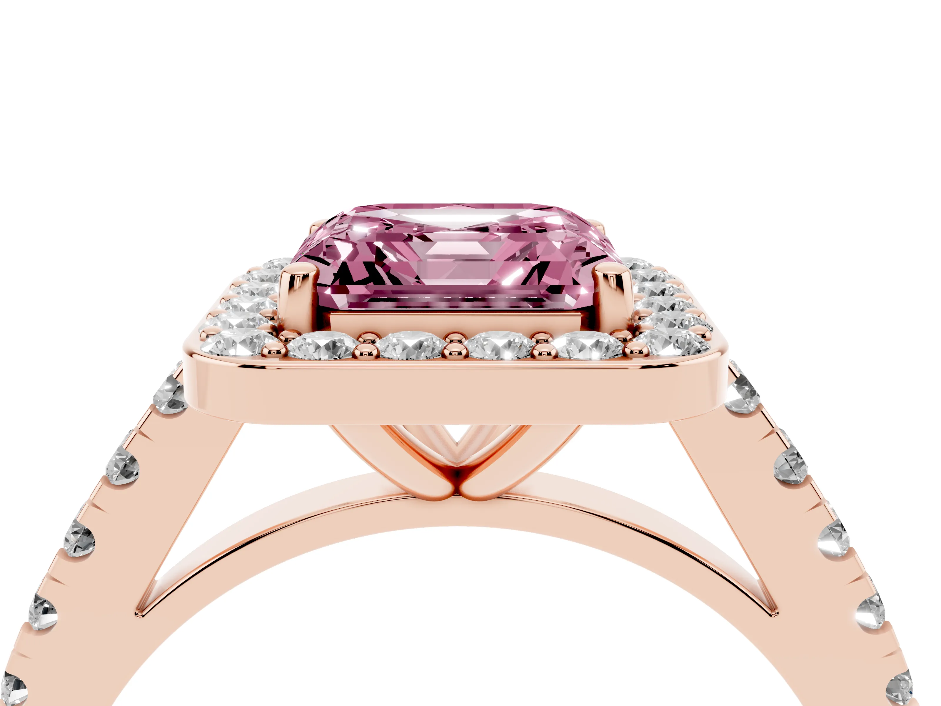 Fancy Pink Asscher Cut Diamond Halo Ring Set in Rose gold with Round Pavé Split Shank and Prong Setting