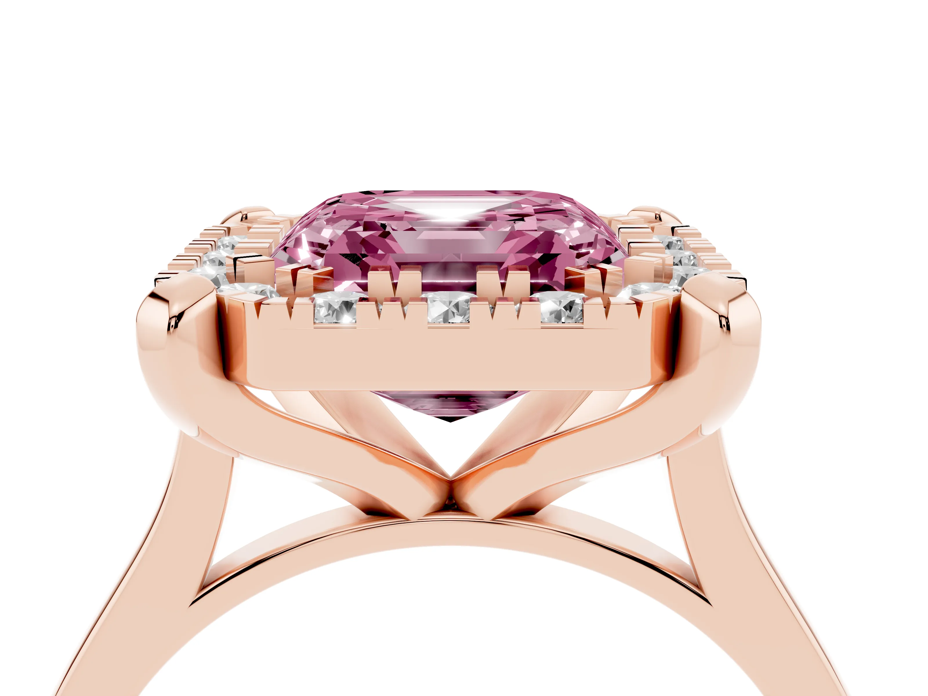 Fancy Pink Asscher Cut Diamond Cluster Halo Solitaire Ring Set in Rose gold with Prong Setting