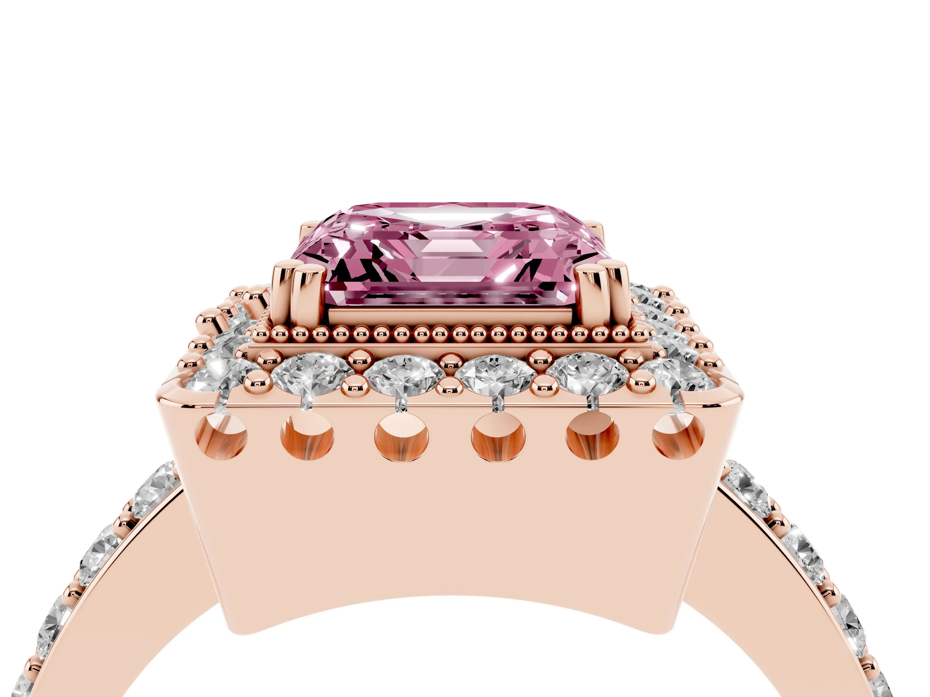 Fancy Pink Asscher Cut Diamond Halo Ring Set in Rose gold with Pavé Shank and Prong Setting
