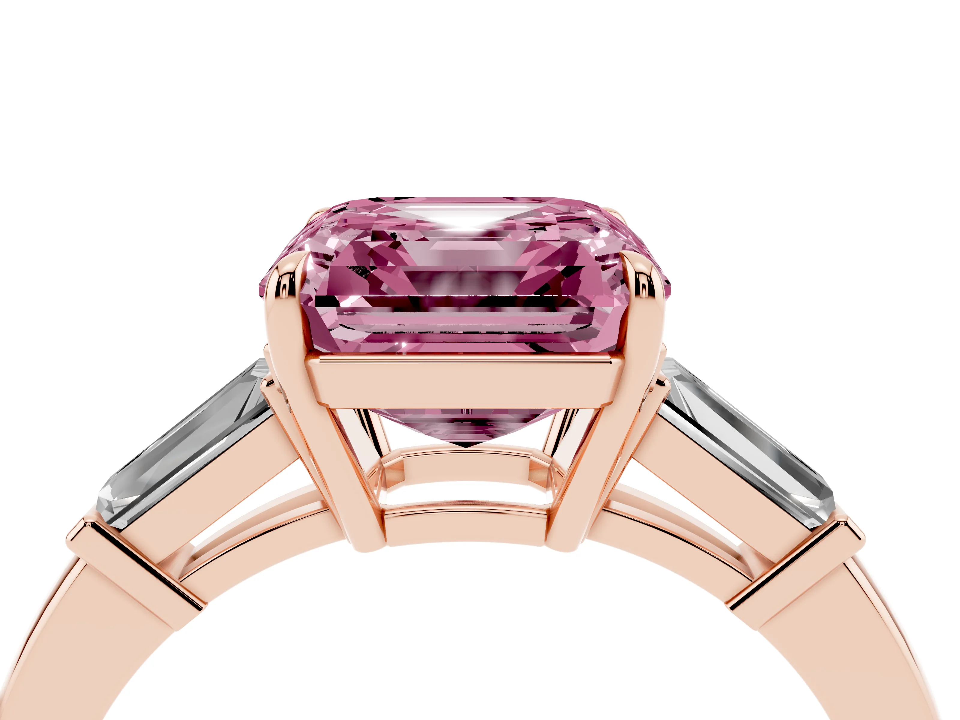 Fancy Pink Asscher Cut Diamond Three-Stone Ring Set in Rose gold with Tapered Baguette Side Stones and Prong Setting