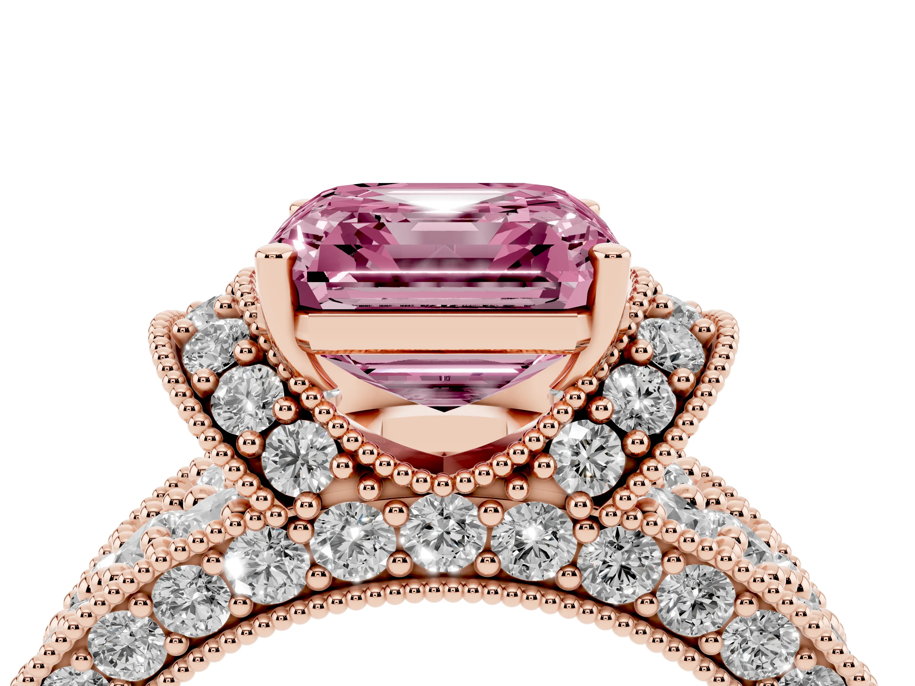 Fancy Pink Asscher Cut Diamond Milgrain Halo Pavé Engagement Ring Set in Rose gold with Prong Setting