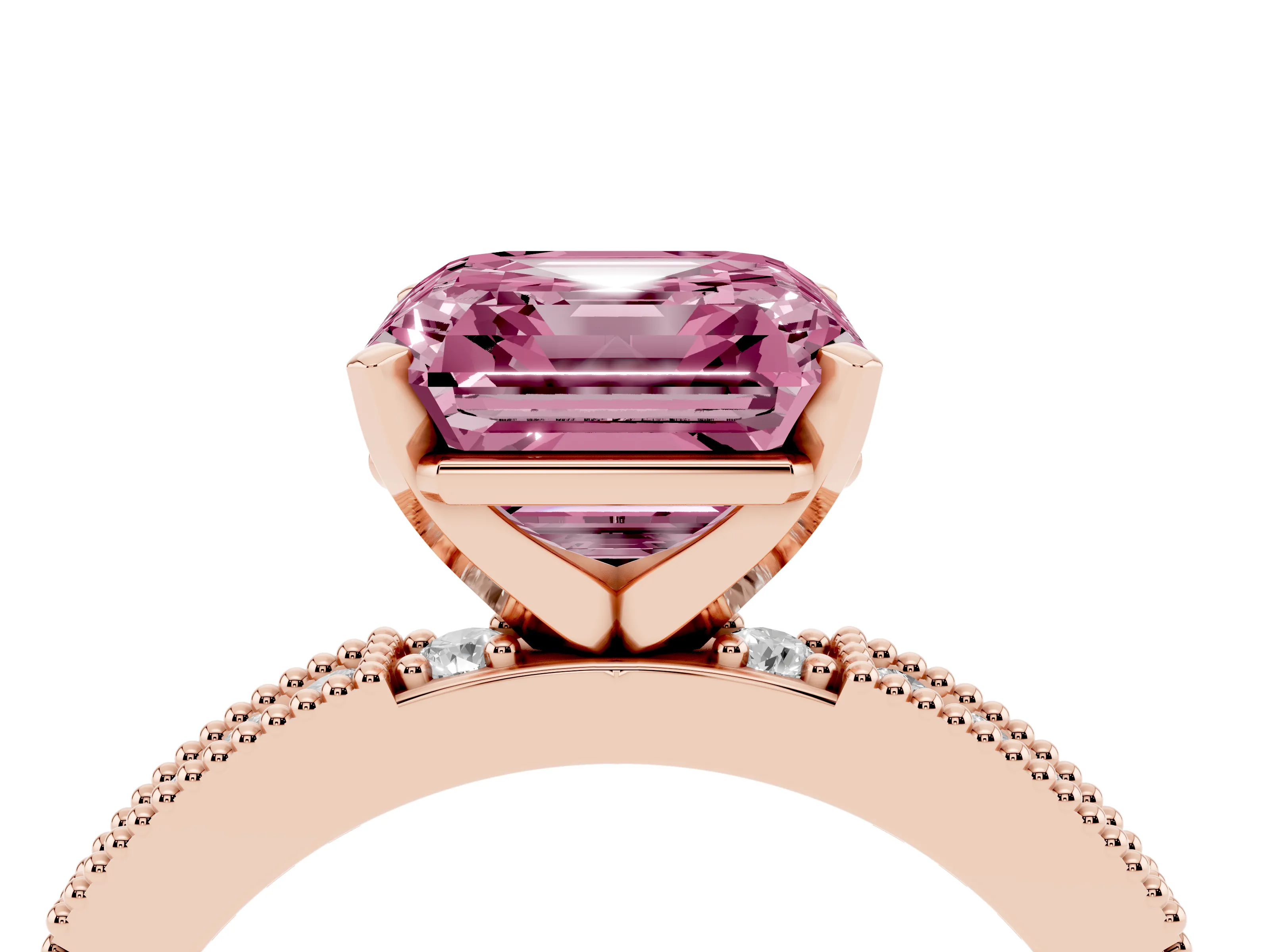 Fancy Pink Asscher Cut Diamond Solitaire Ring Set in Rose gold with Slim Pavé Band and Prong Setting