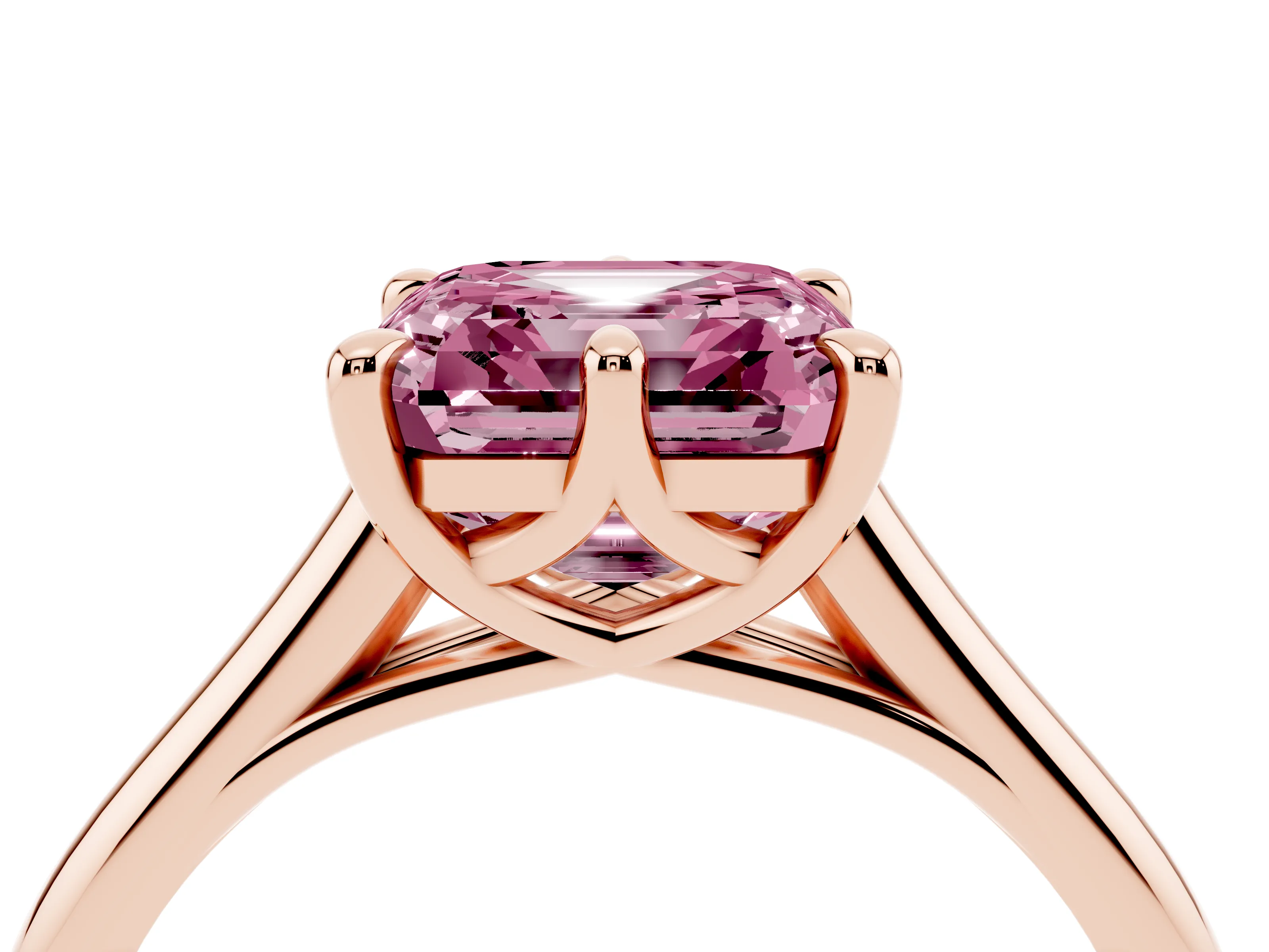 Fancy Pink Asscher Cut Diamond Solitaire Engagement Ring Set in Rose gold with Prong Setting and Plain Classic Band