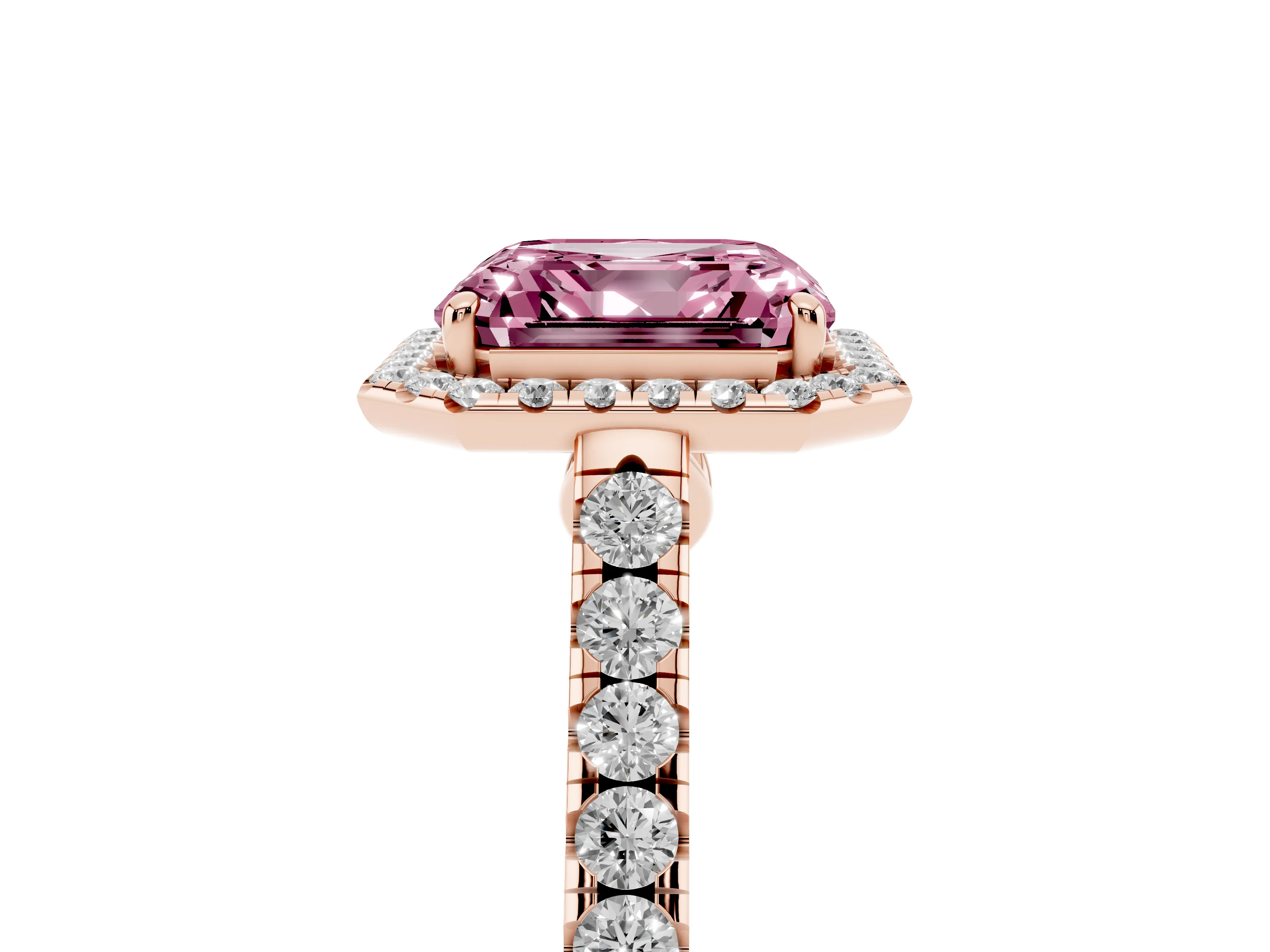 Fancy Pink Asscher Cut Diamond Halo Pavé Engagement Ring Set in Rose gold with Prong Setting